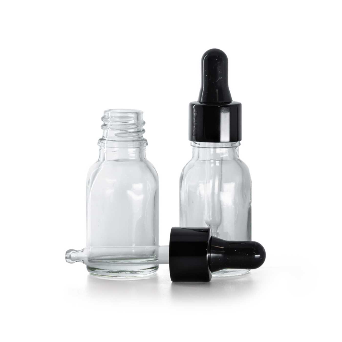 Butelka szklana, przezroczysta, czarny błyszczący kroplomierz, 15 ml