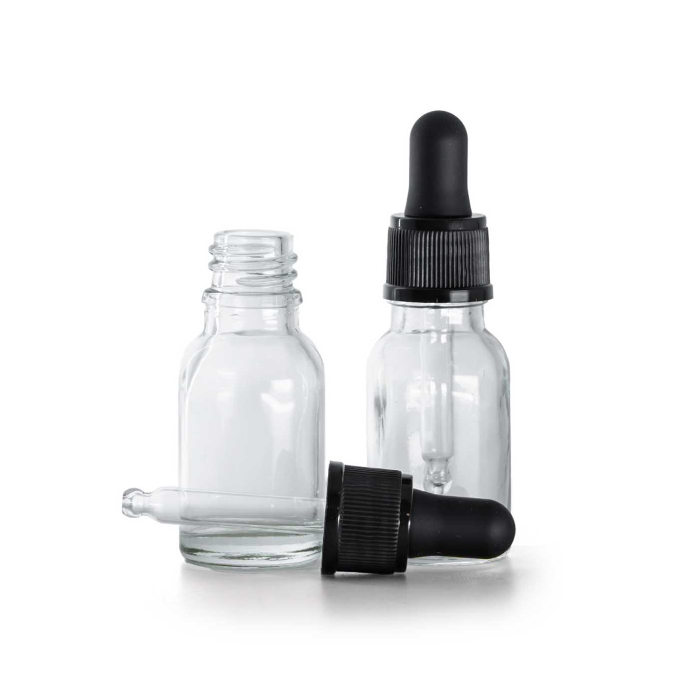 Flacon en verre transparent avec pipette noire mate 15 ml