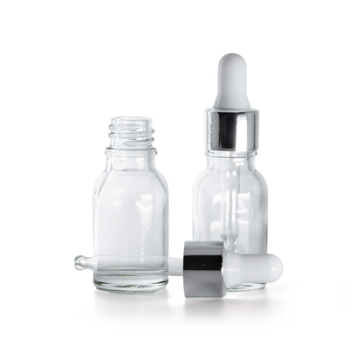 Butelka szklana przezroczysta, błyszczący srebrny kroplomierz, 15 ml
