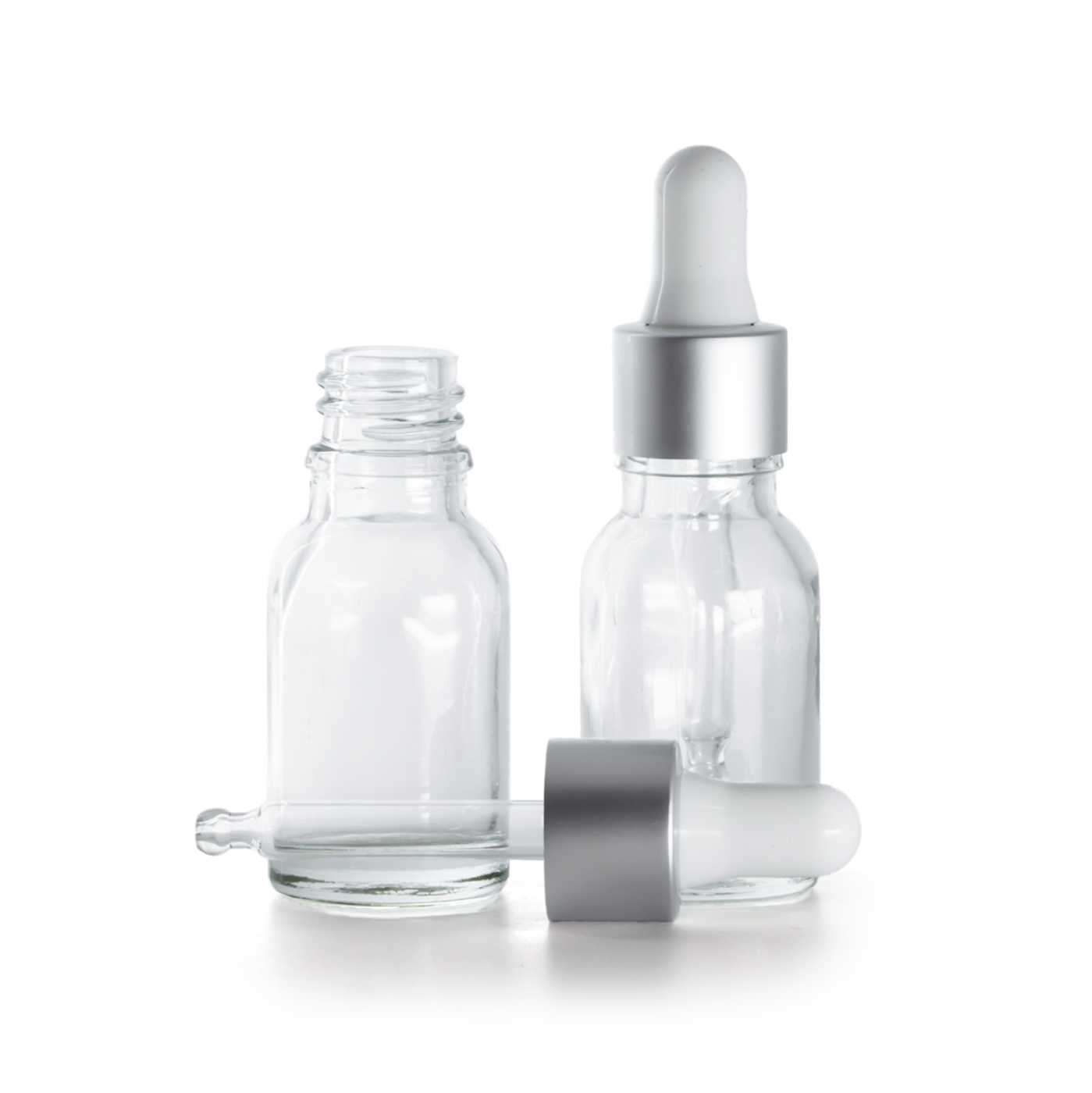Butelka szklana, przezroczysta, kroplomierz srebrny matowy, 15 ml