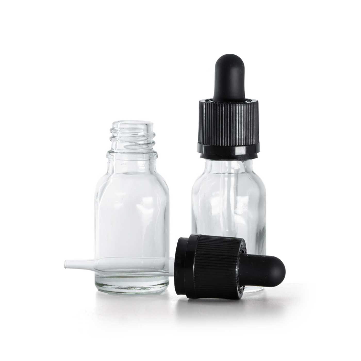 Flacon compte-gouttes en verre transparent avec pipette inviolable, 15 ml