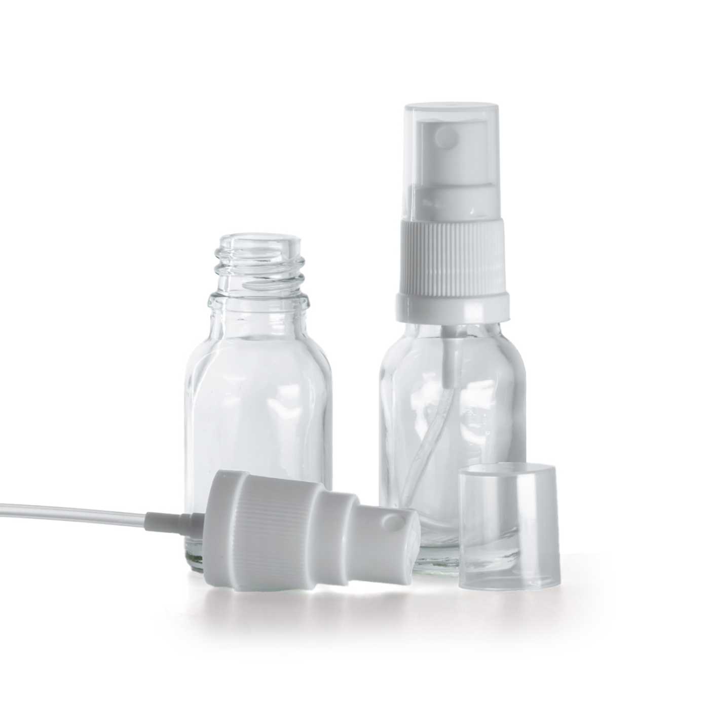 Flacon en verre transparent avec pompe spray blanche 15 ml