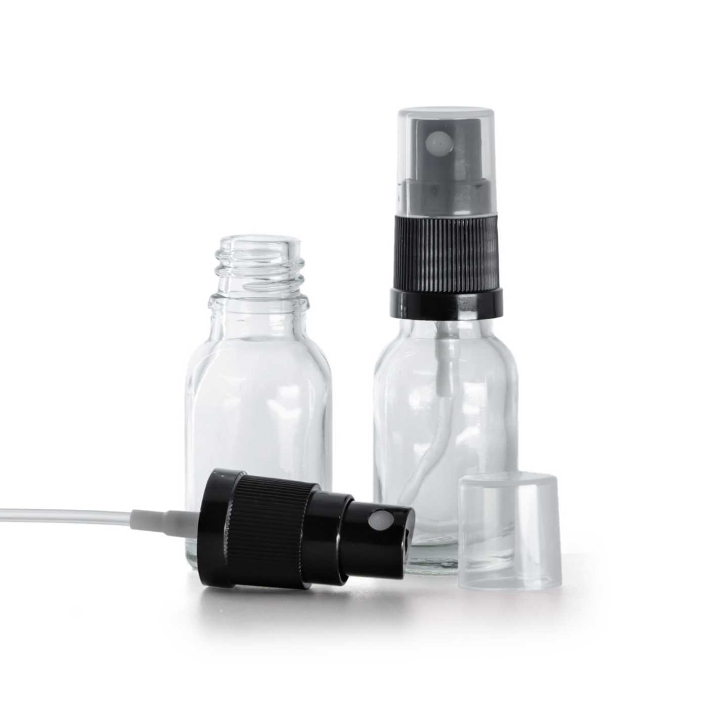 Szklana butelka apteczna, przezroczysta, czarny atomizer, 15 ml