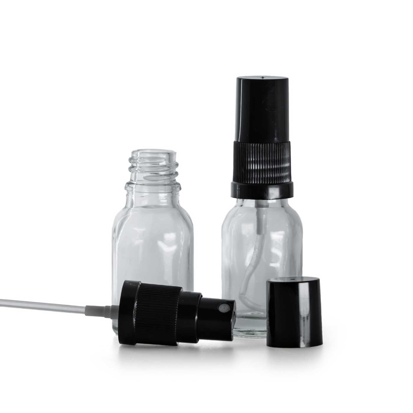 Butelka szklana, przezroczysta, czarny atomizer, czarny kapturek, 15 ml