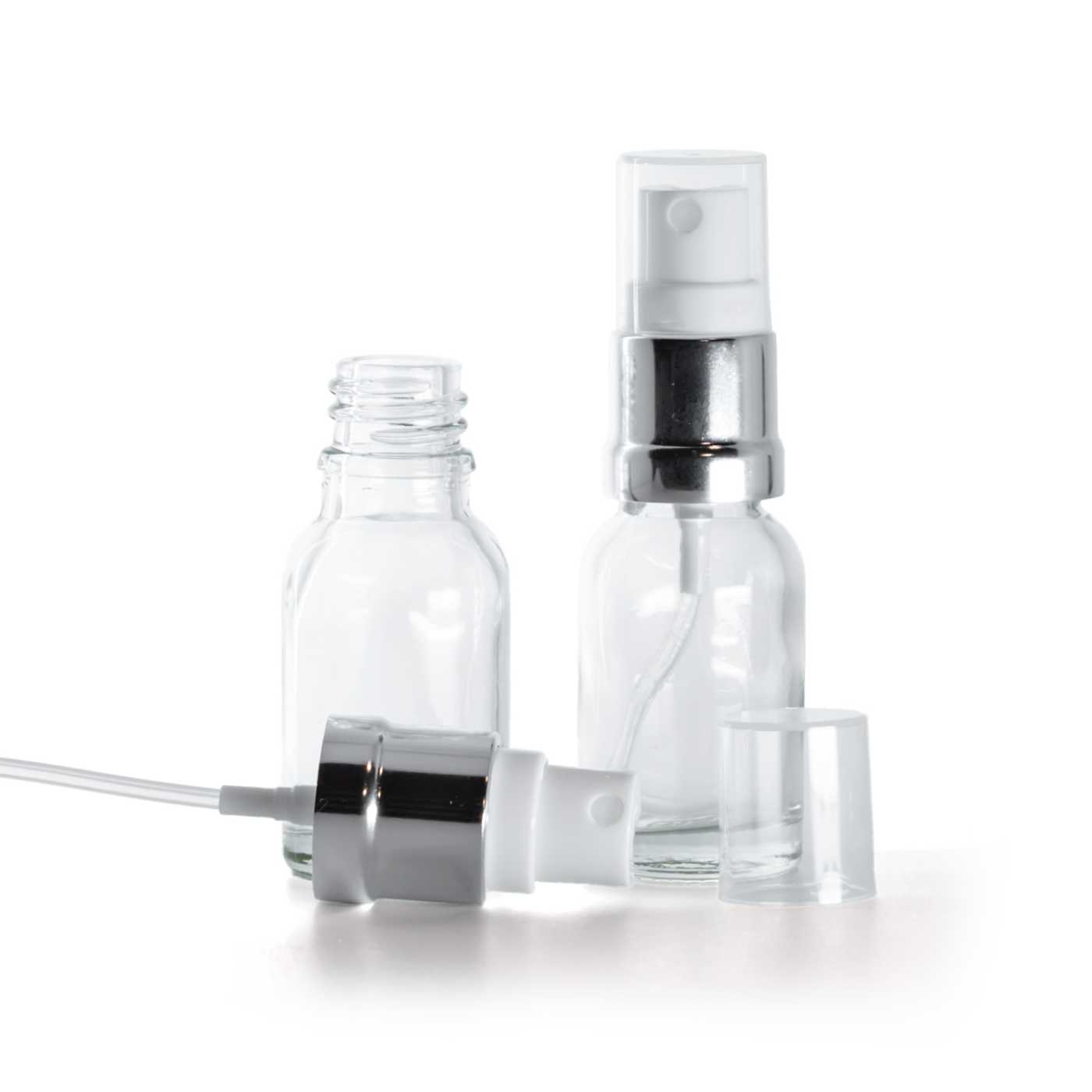 Butelka szklana, przezroczysta, biało-srebrny atomizer, 15 ml