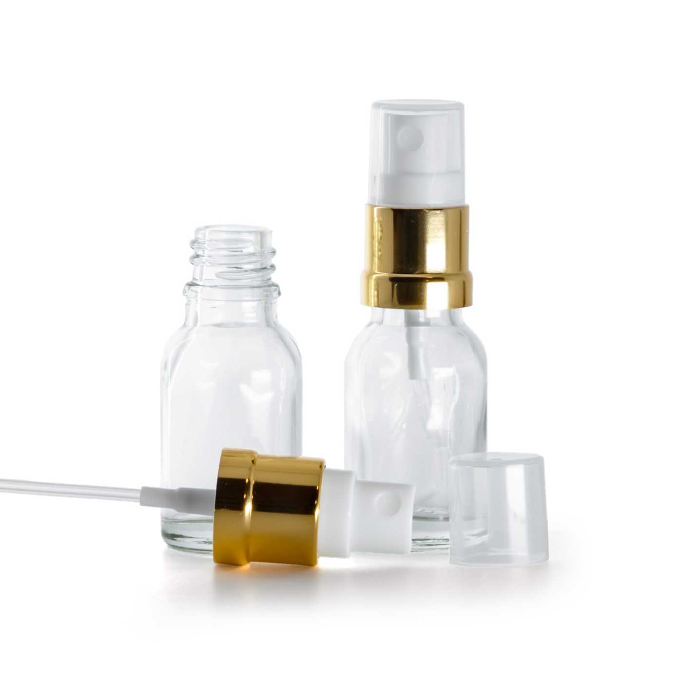 Butelka szklana, przezroczysta, biało-złoty atomizer, 15 ml