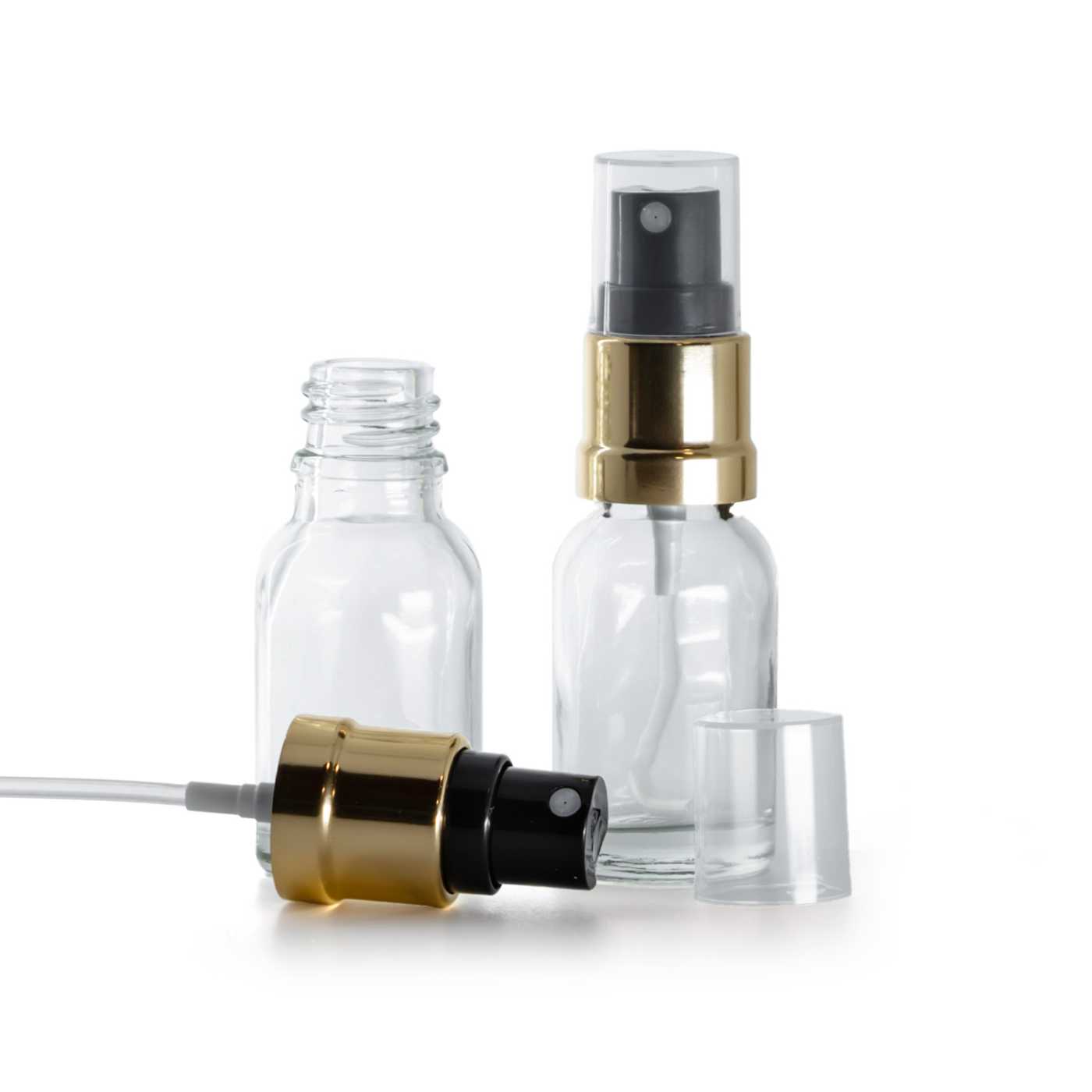 Flacon en verre transparent, pulvérisateur noir et or, 15 ml