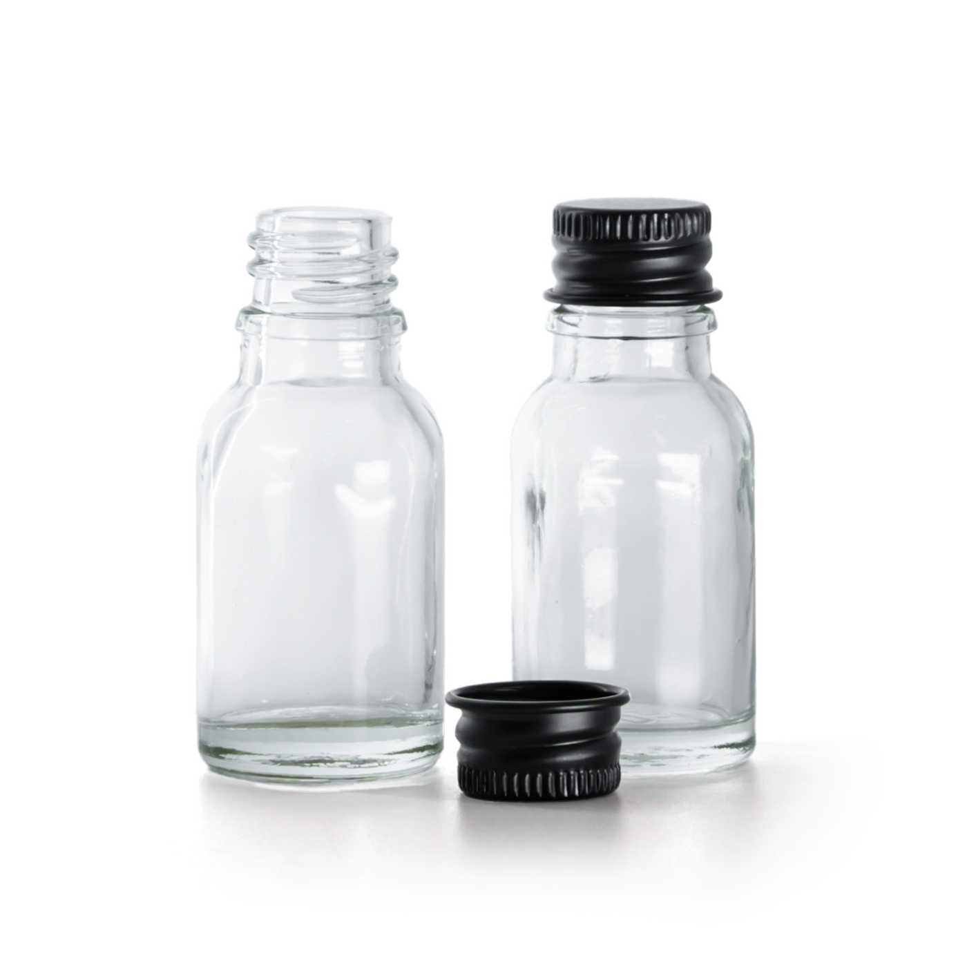 Butelka szklana, przezroczysta, czarna nakrętka aluminiowa, 15 ml