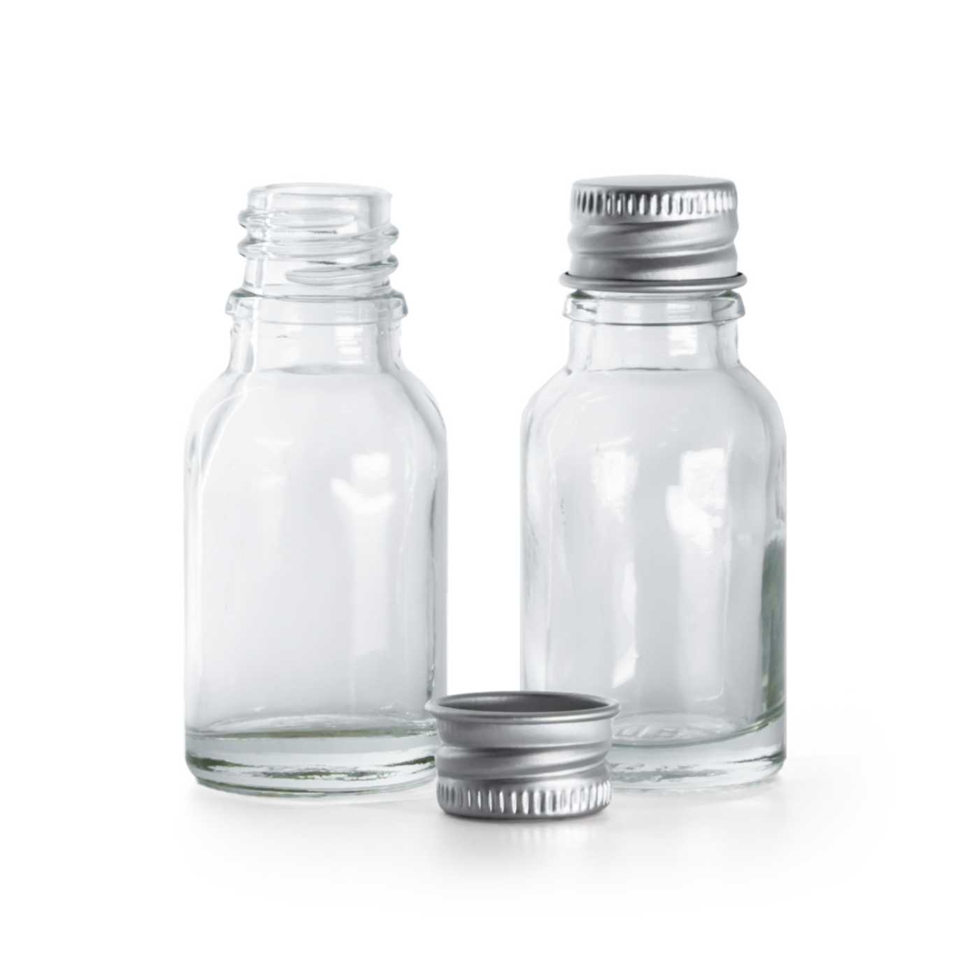 Butelka szklana przezroczysta, srebrna nakrętka aluminiowa, 15 ml