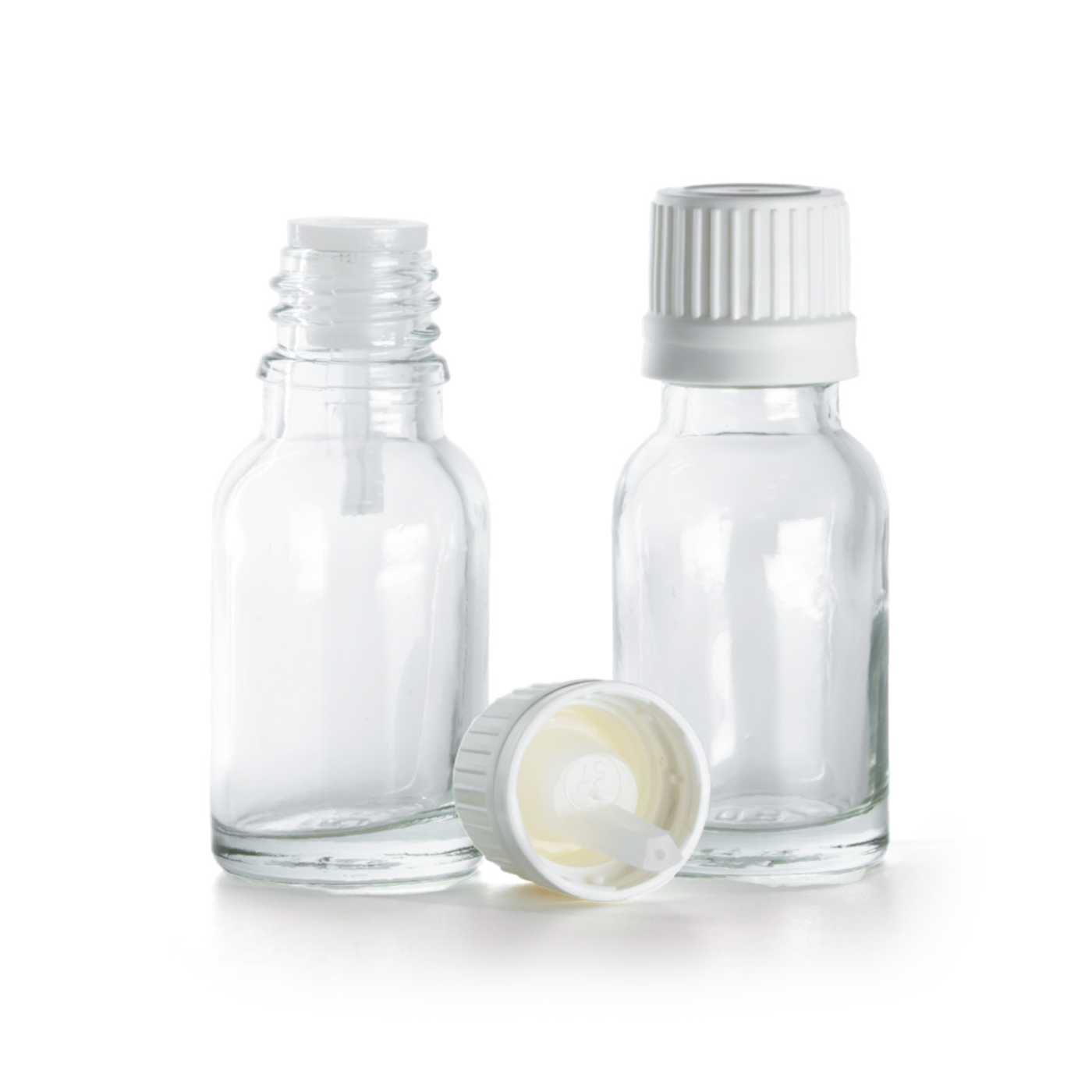 Butelka szklana, przezroczysta, biała nakrętka z kroplomierzem, 15 ml