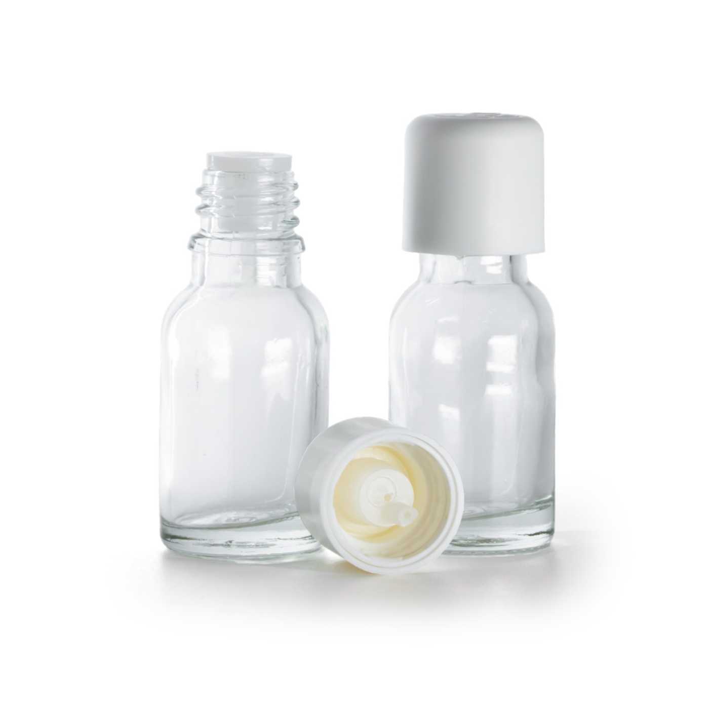 Butelka szklana, przezroczysta, biała nakrętka z zabezpieczeniem, 15 ml