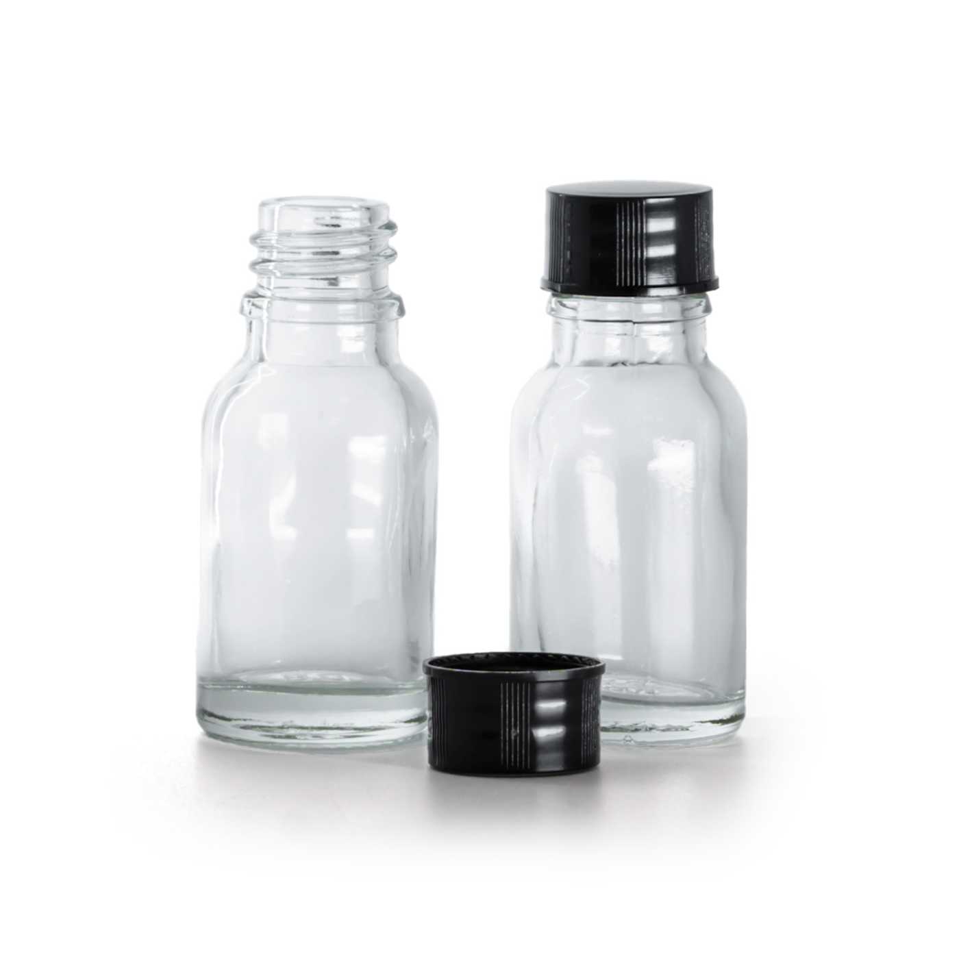 Butelka szklana, przezroczysta, czarna nakrętka, 15 ml