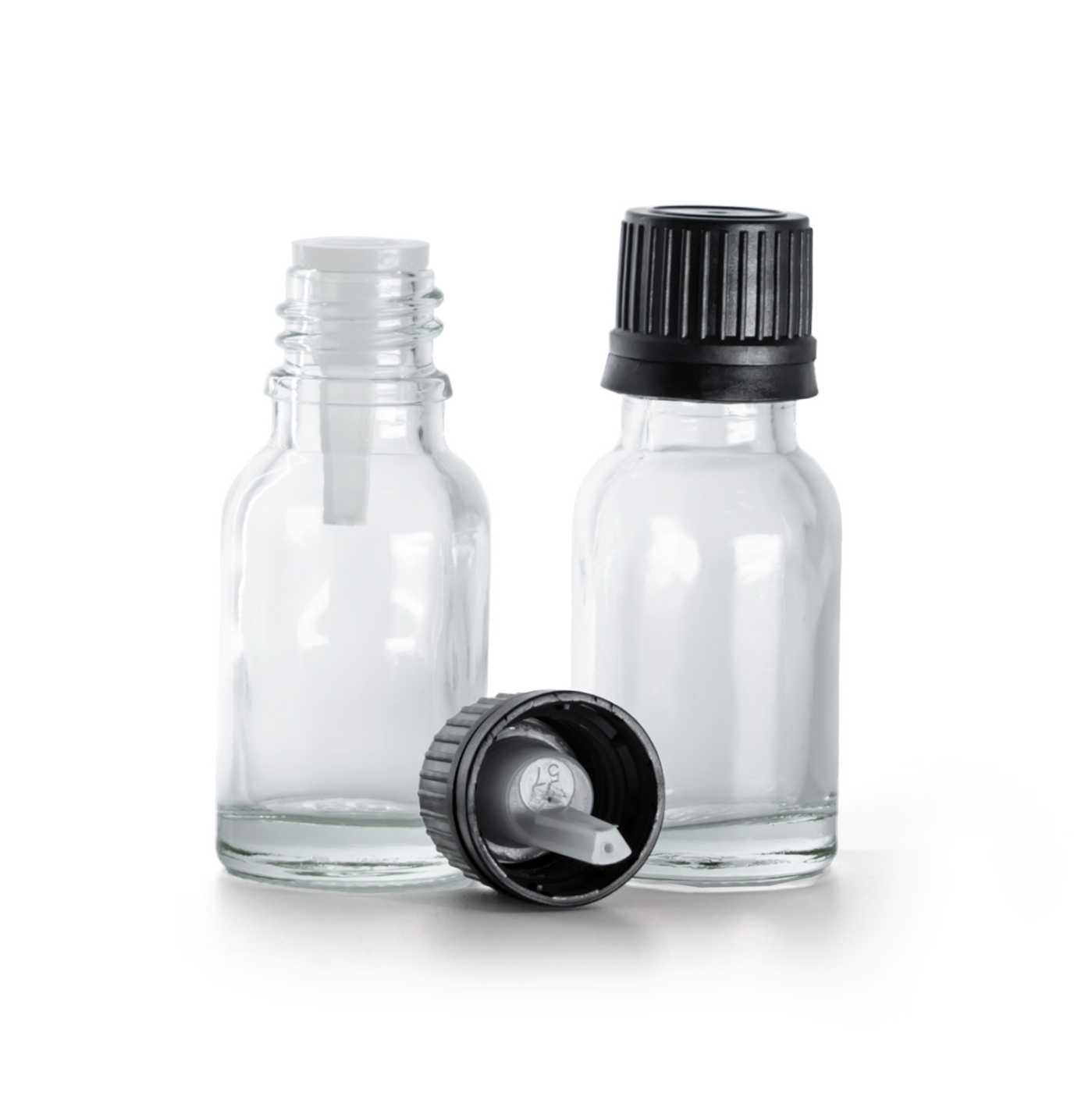 Butelka szklana, przezroczysta, czarna nakrętka z kroplomierzem, 15 ml