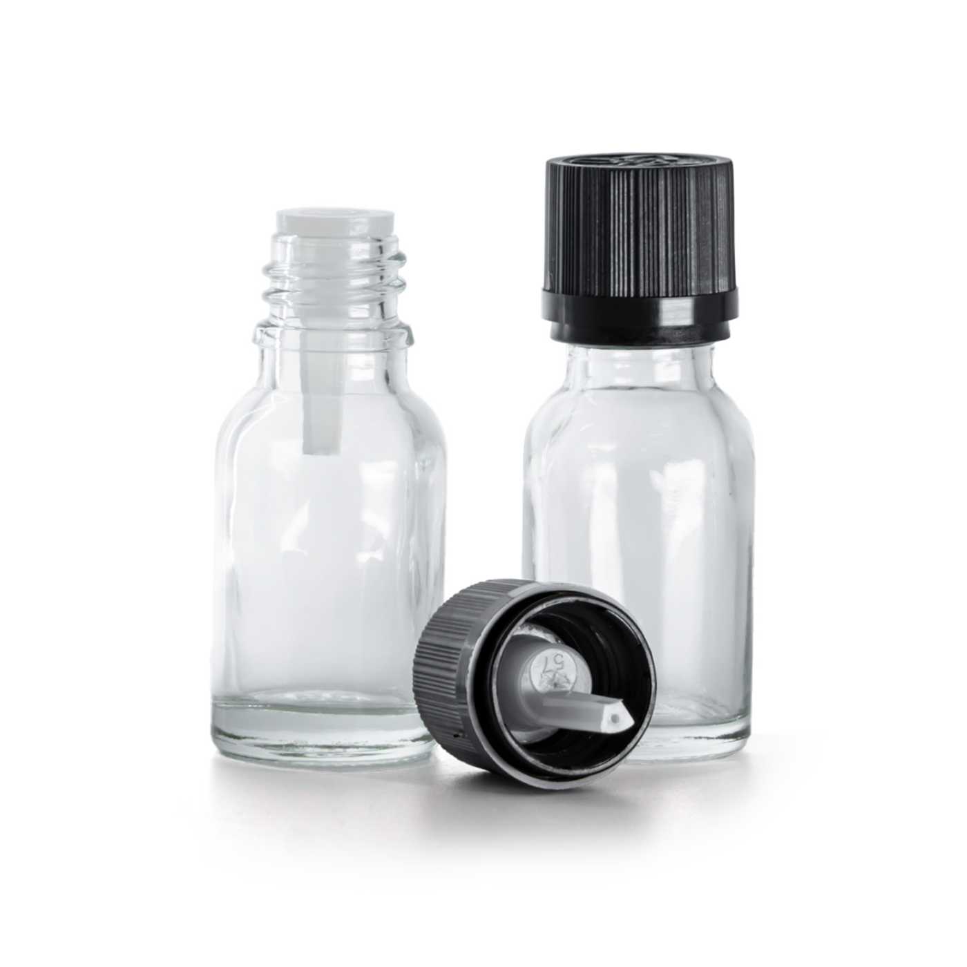 Flacon en verre transparent, bouchon de sécurité noir à vis avec bague d’inviolabilité, 15 ml