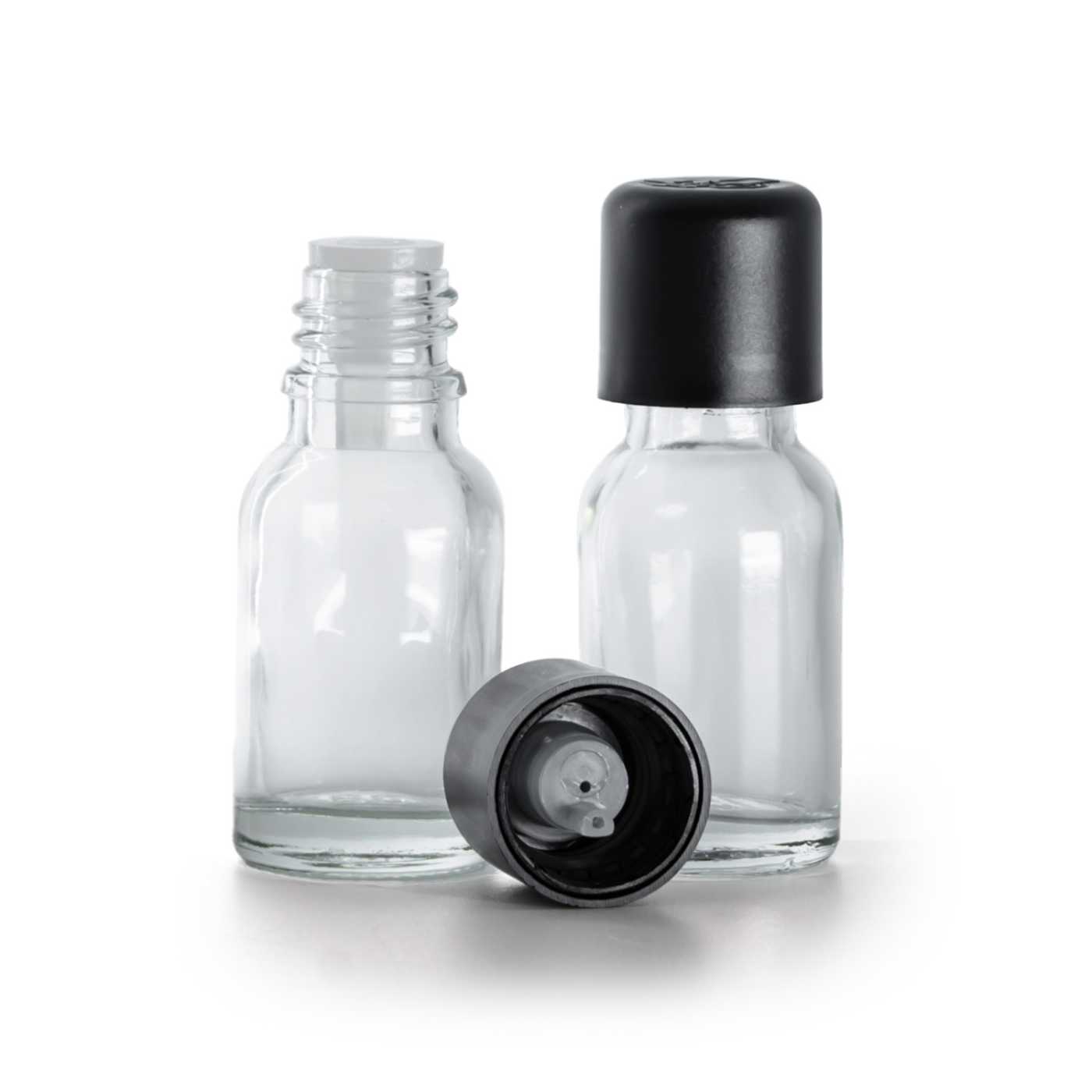 Butelka szklana, przezroczysta, czarna nakrętka z zabezpieczeniem, 15 ml