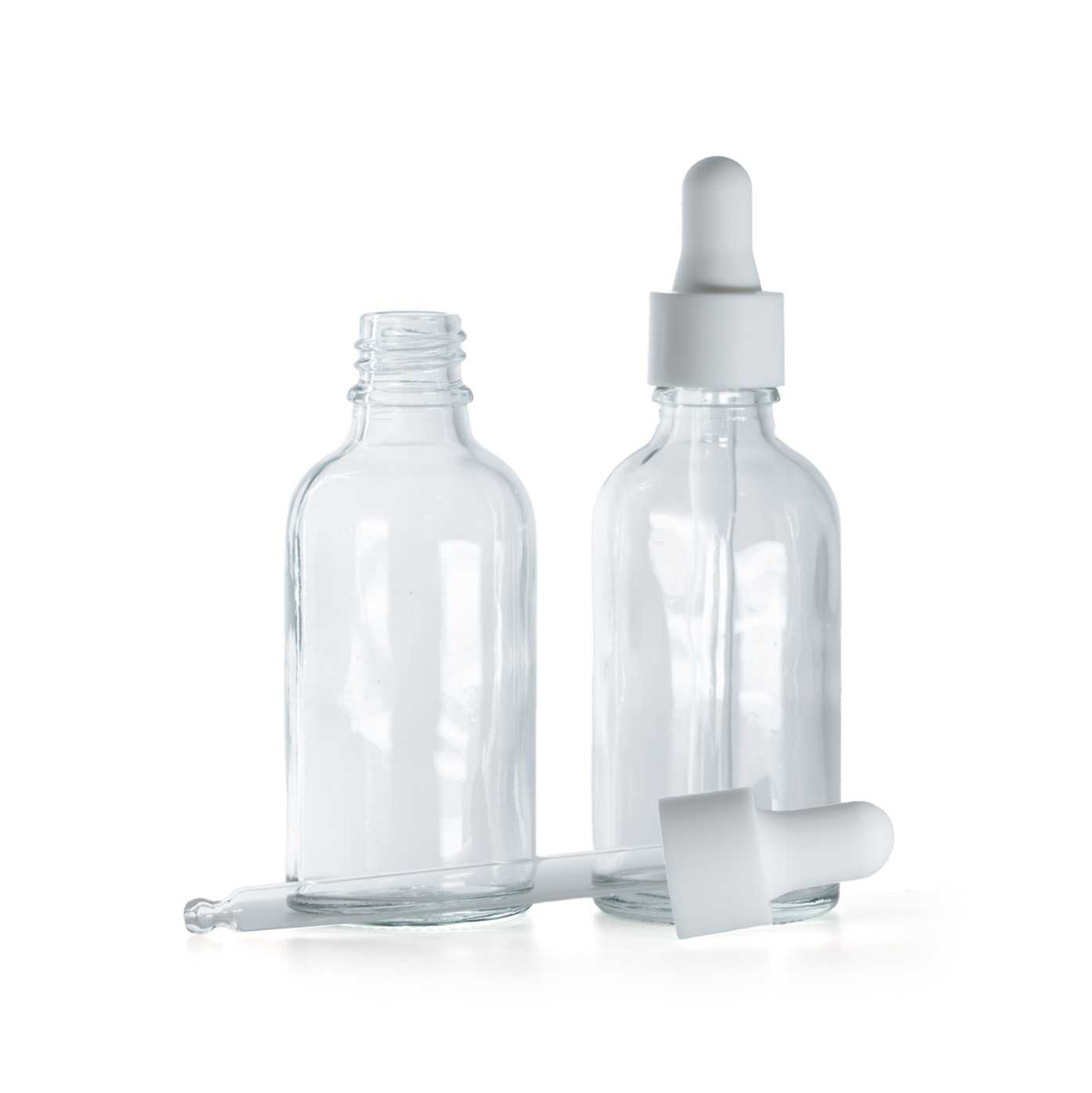 Flacon en verre transparent, pipette lisse blanche mate, 30 ml