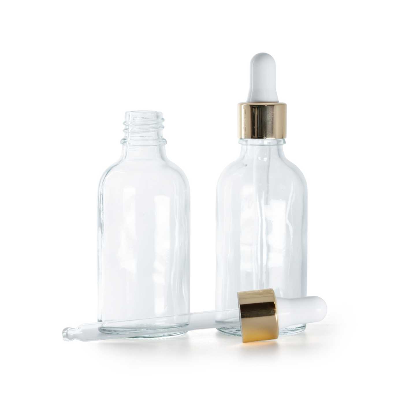 Butelka szklana, przezroczysta, biało-złoty kroplomierz, 30 ml