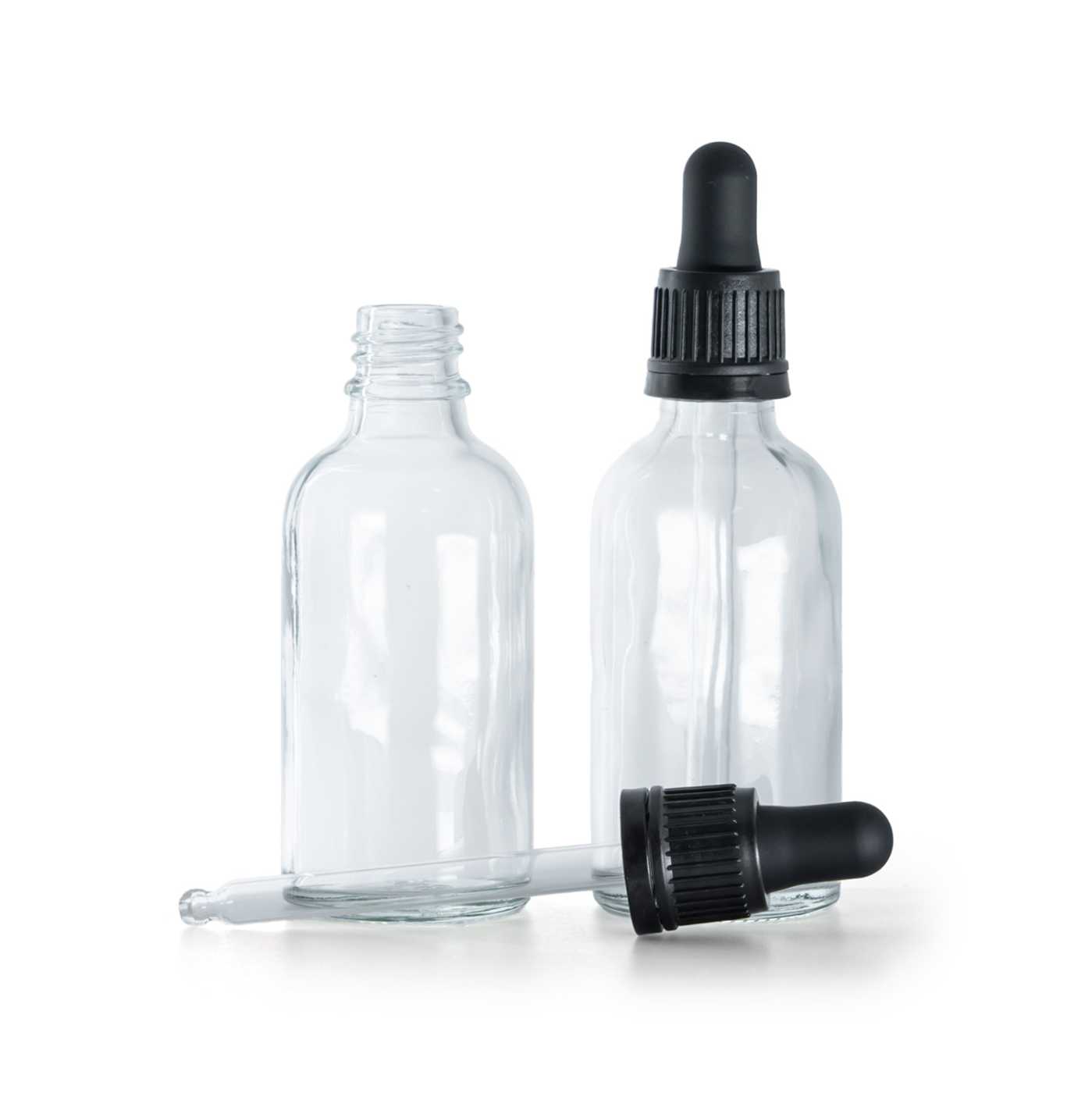 Flacon compte-gouttes en verre transparent avec pipette noire inviolable, 30 ml