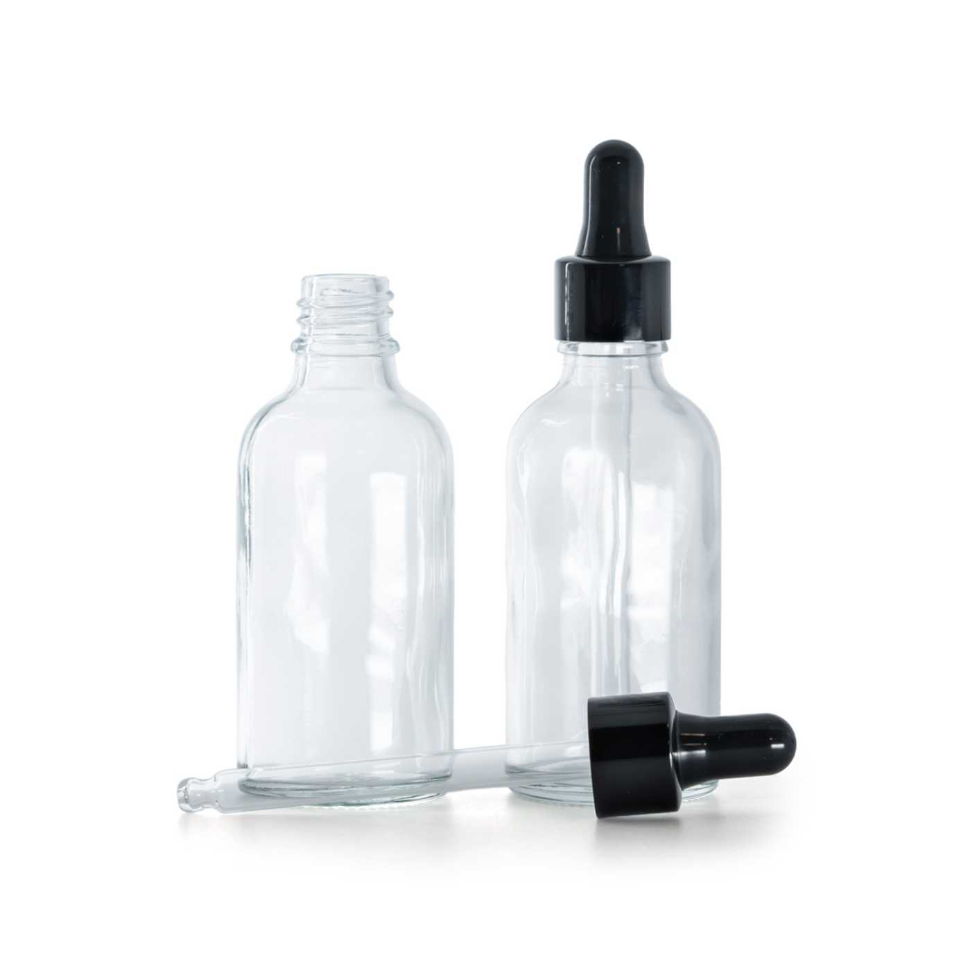 Butelka szklana, przezroczysta, czarny błyszczący kroplomierz, 30 ml