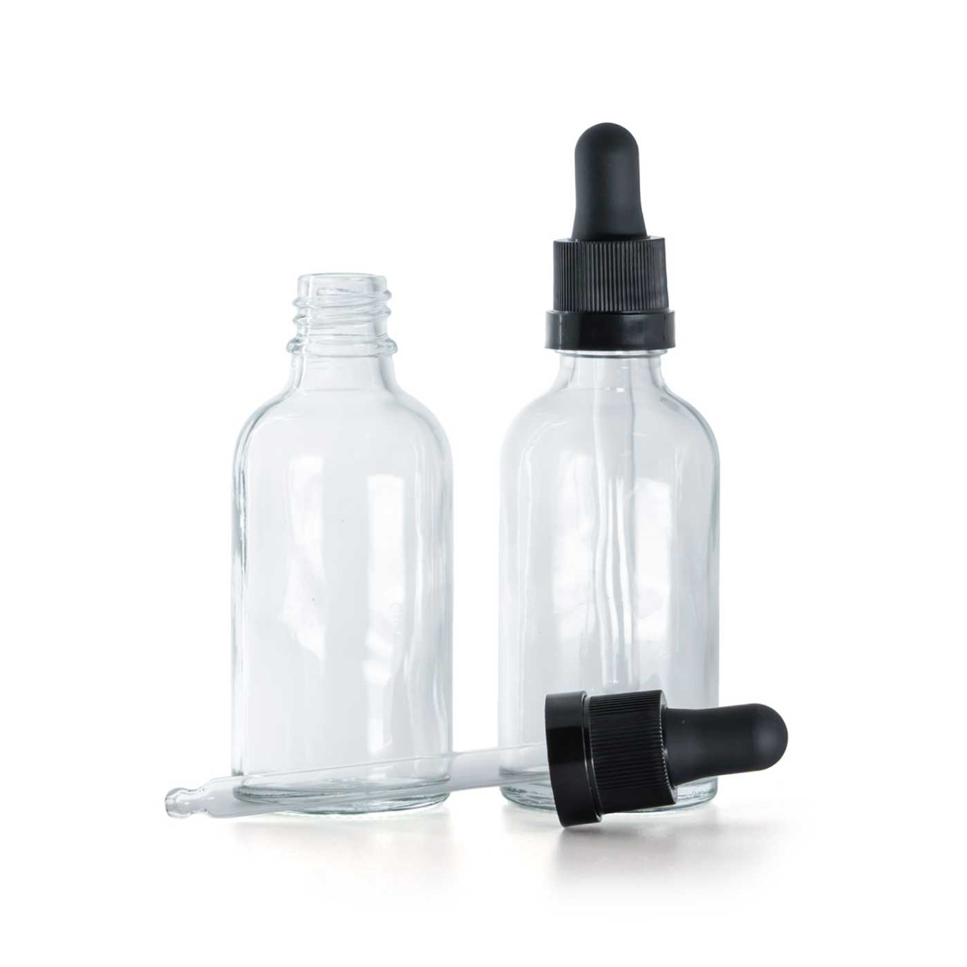 Butelka szklana, przezroczysta, czarny kroplomierz z błyszczącym paskiem, 30 ml