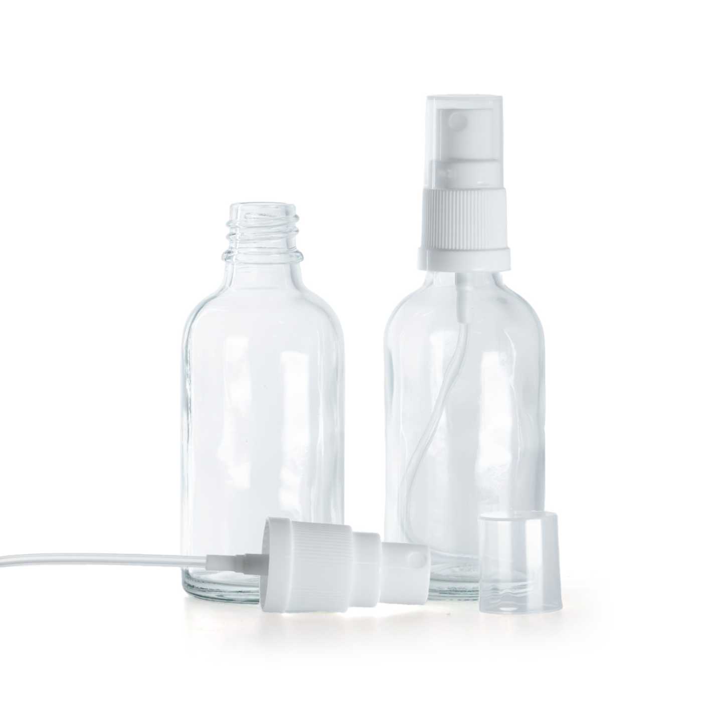 Flacon en verre transparent avec pompe spray blanche 30 ml