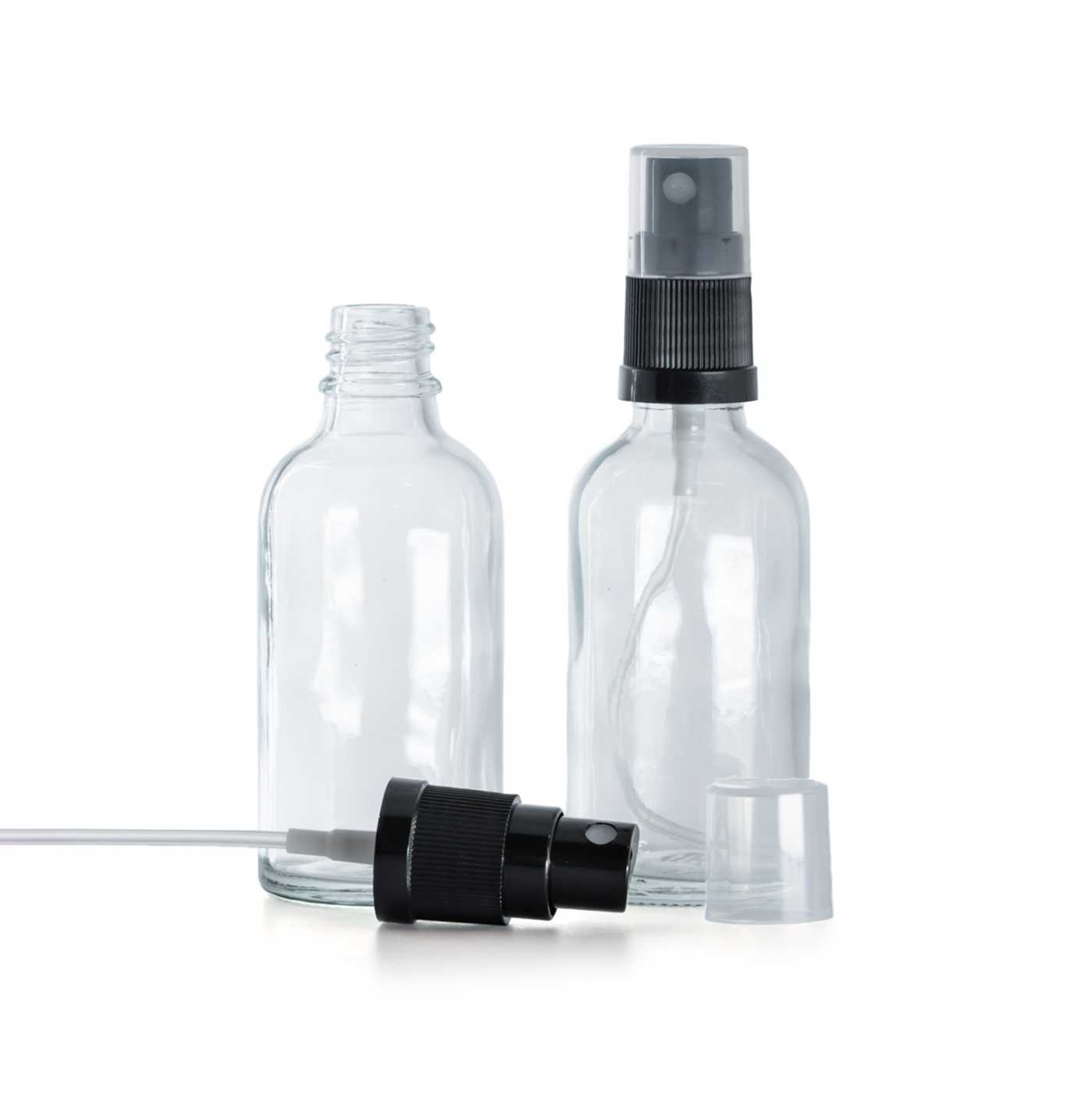 Szklana butelka apteczna, przezroczysta, czarny atomizer, 30 ml