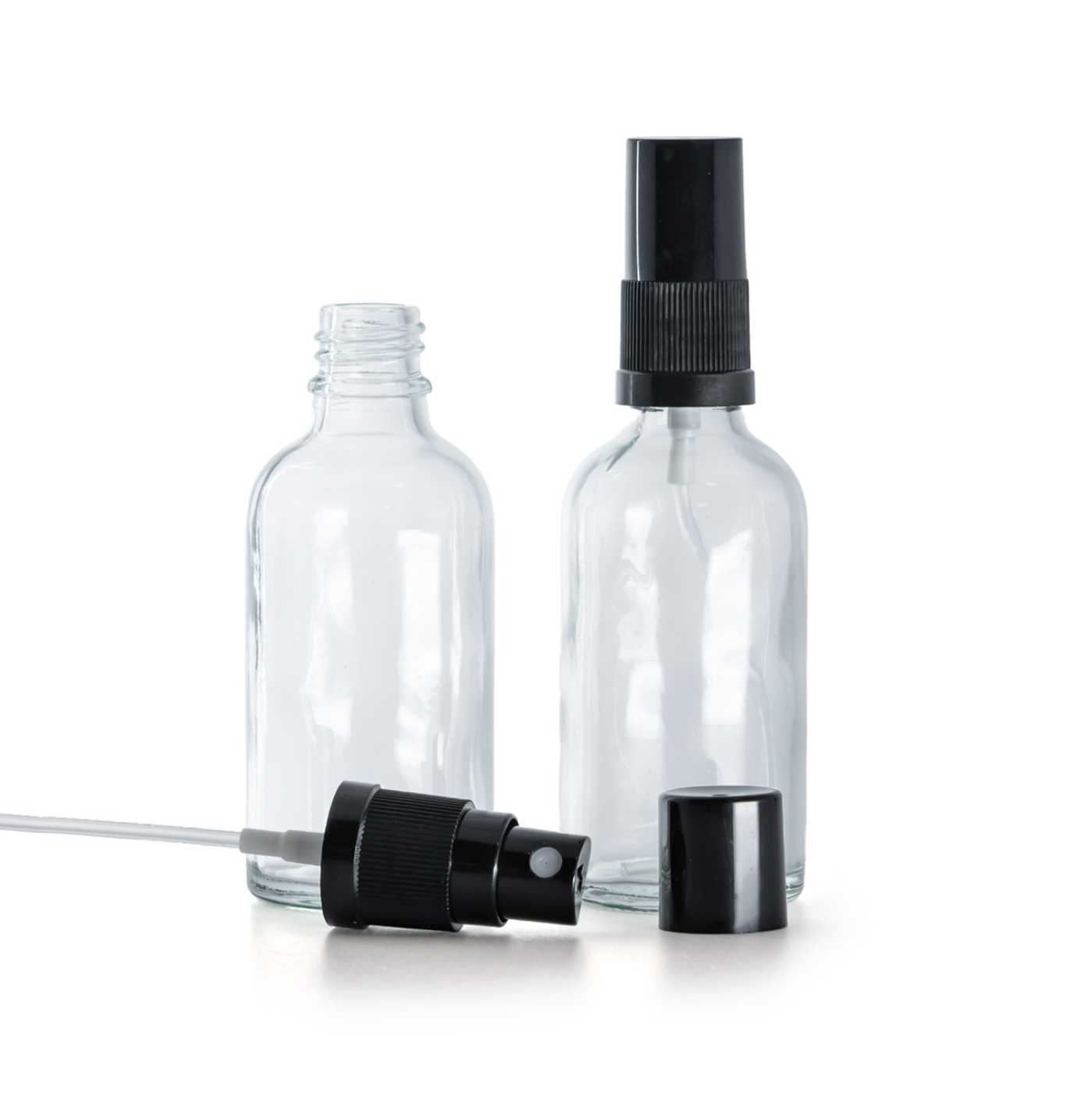 Butelka szklana, przezroczysta, czarny atomizer, czarny kapturek, 30 ml