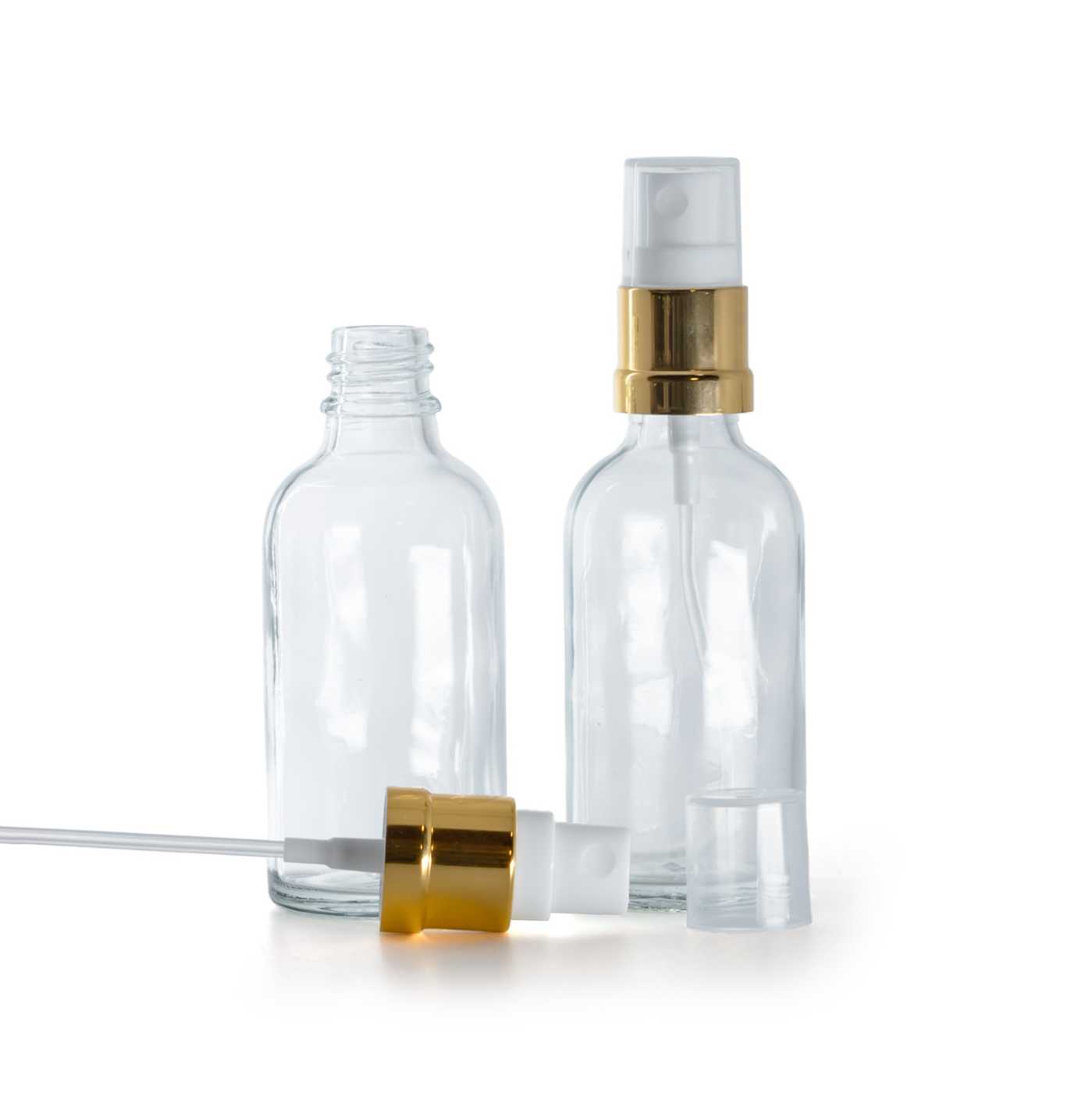 Butelka szklana, przezroczysta, biało-złoty atomizer, 30 ml