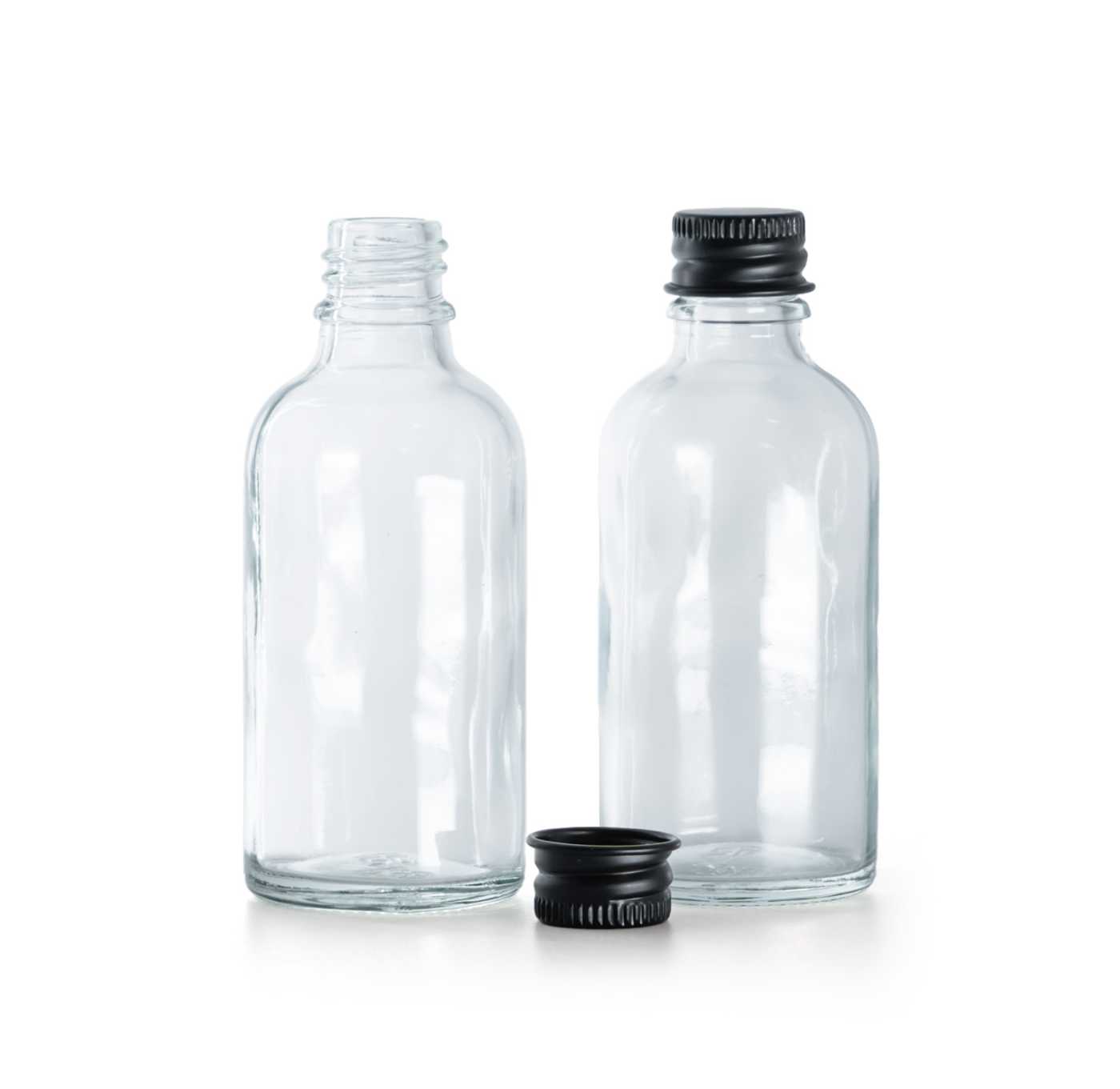 Butelka szklana, przezroczysta, czarna nakrętka aluminiowa, 30 ml
