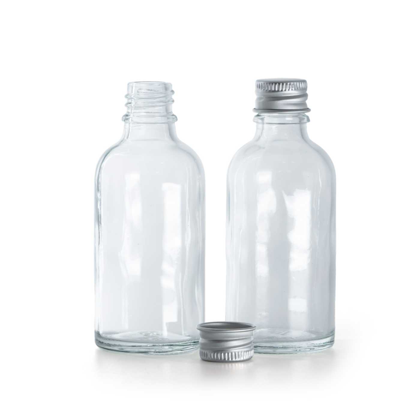 Butelka szklana przezroczysta, srebrna nakrętka aluminiowa, 30 ml