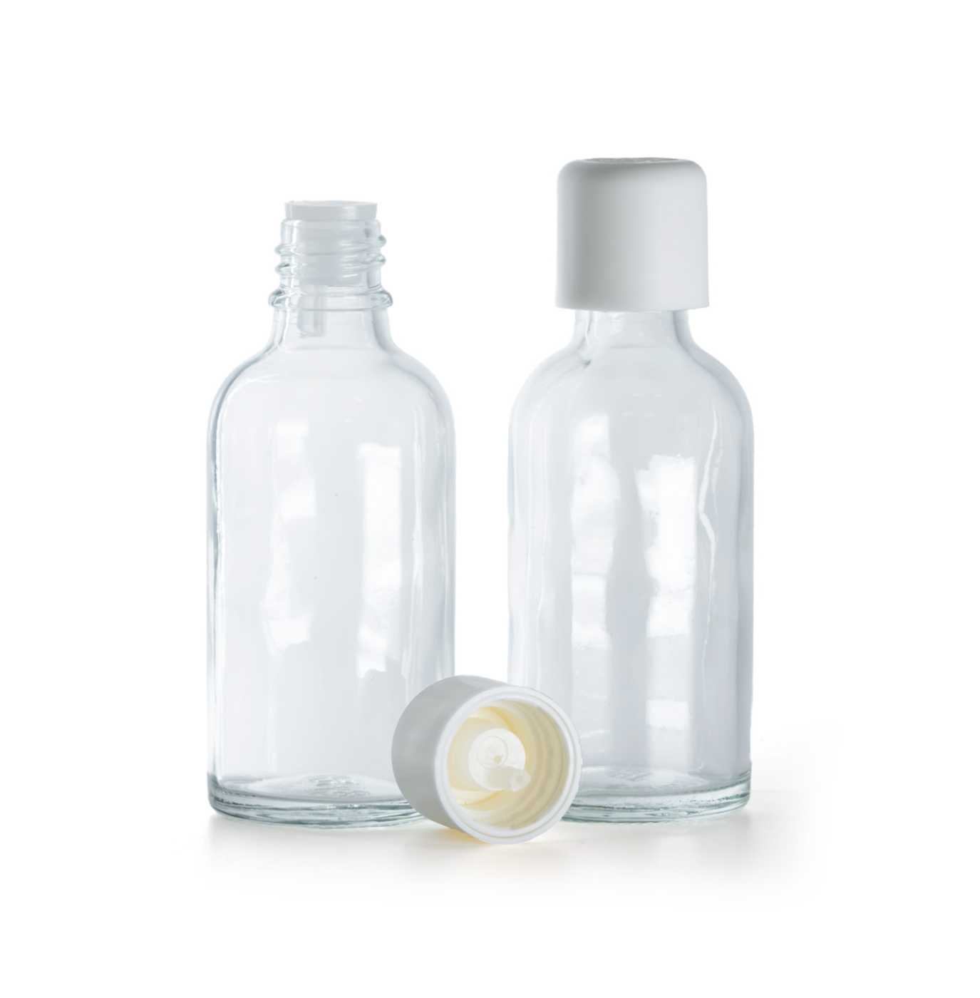 Butelka szklana, przezroczysta, biała nakrętka z zabezpieczeniem, 30 ml