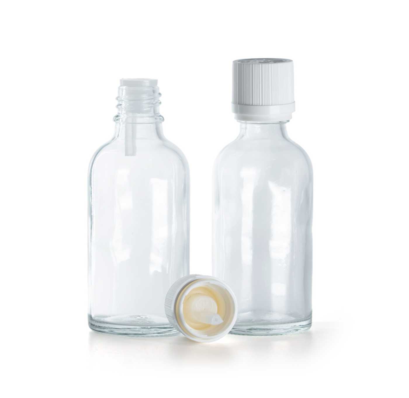 Butelka szklana, przezroczysta, biała ryflowana nakrętka z zabezpieczeniem, 30 ml