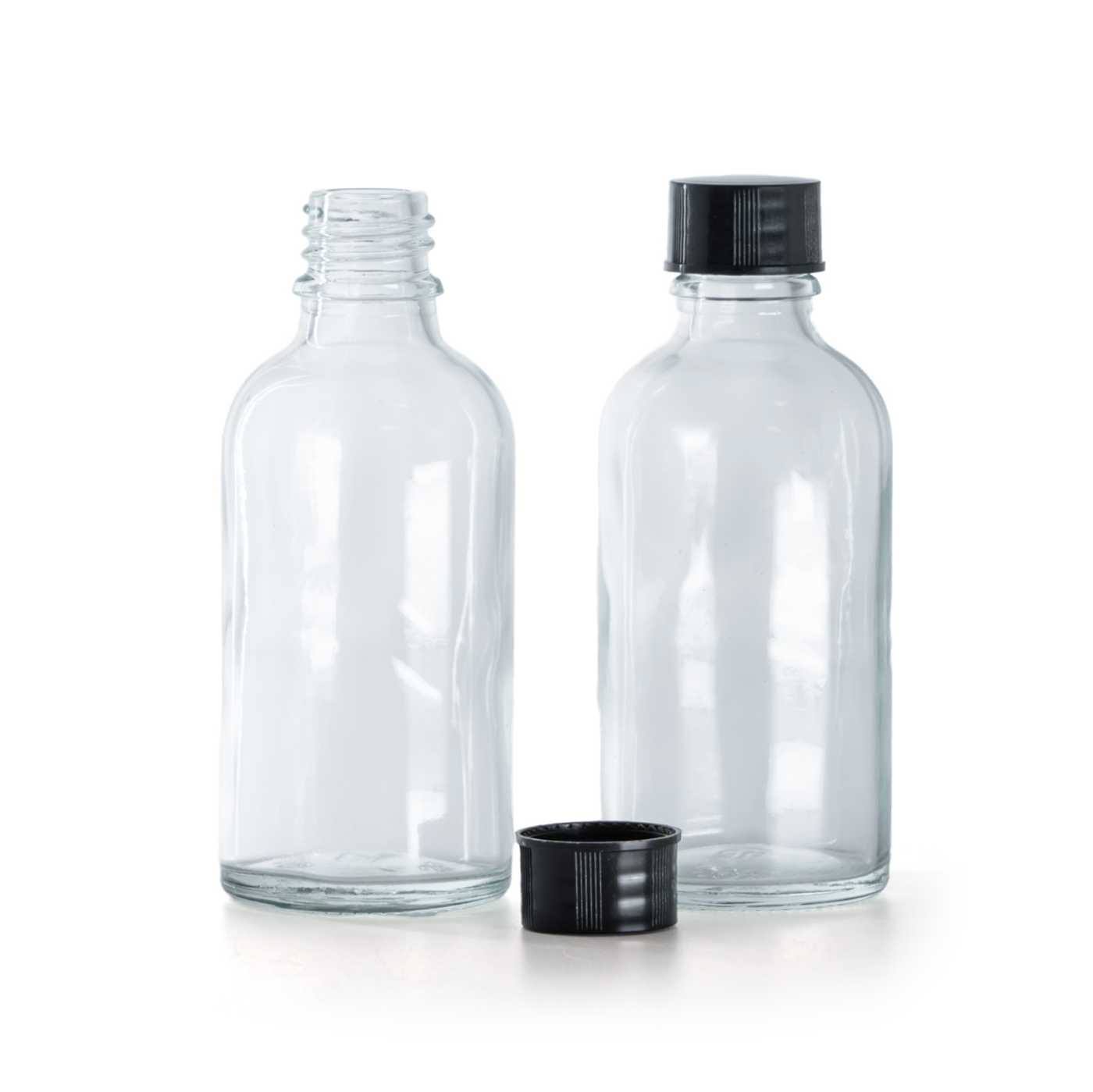 Butelka szklana, przezroczysta, czarna nakrętka, 30 ml