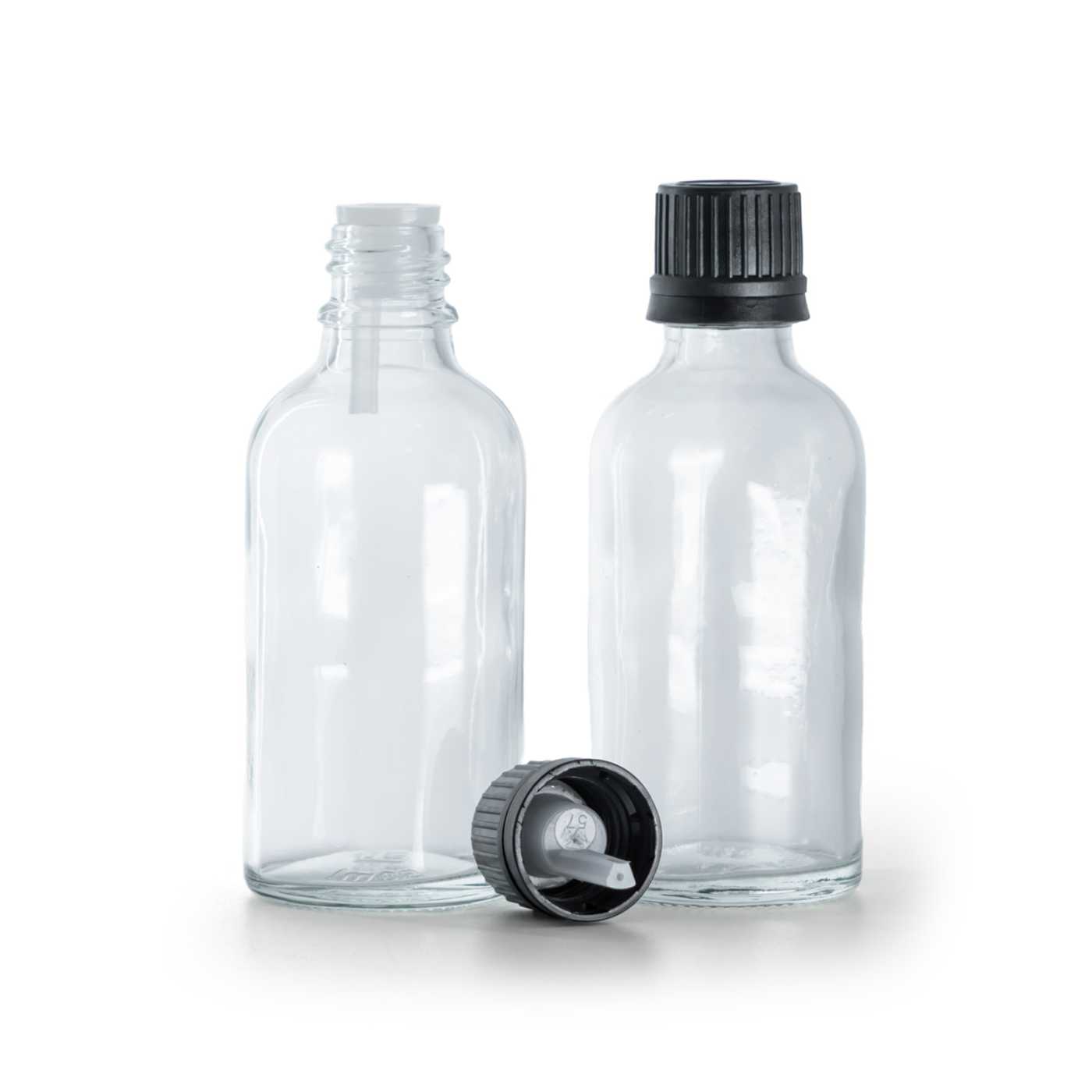 Butelka szklana, przezroczysta, czarna nakrętka z kroplomierzem, 30 ml