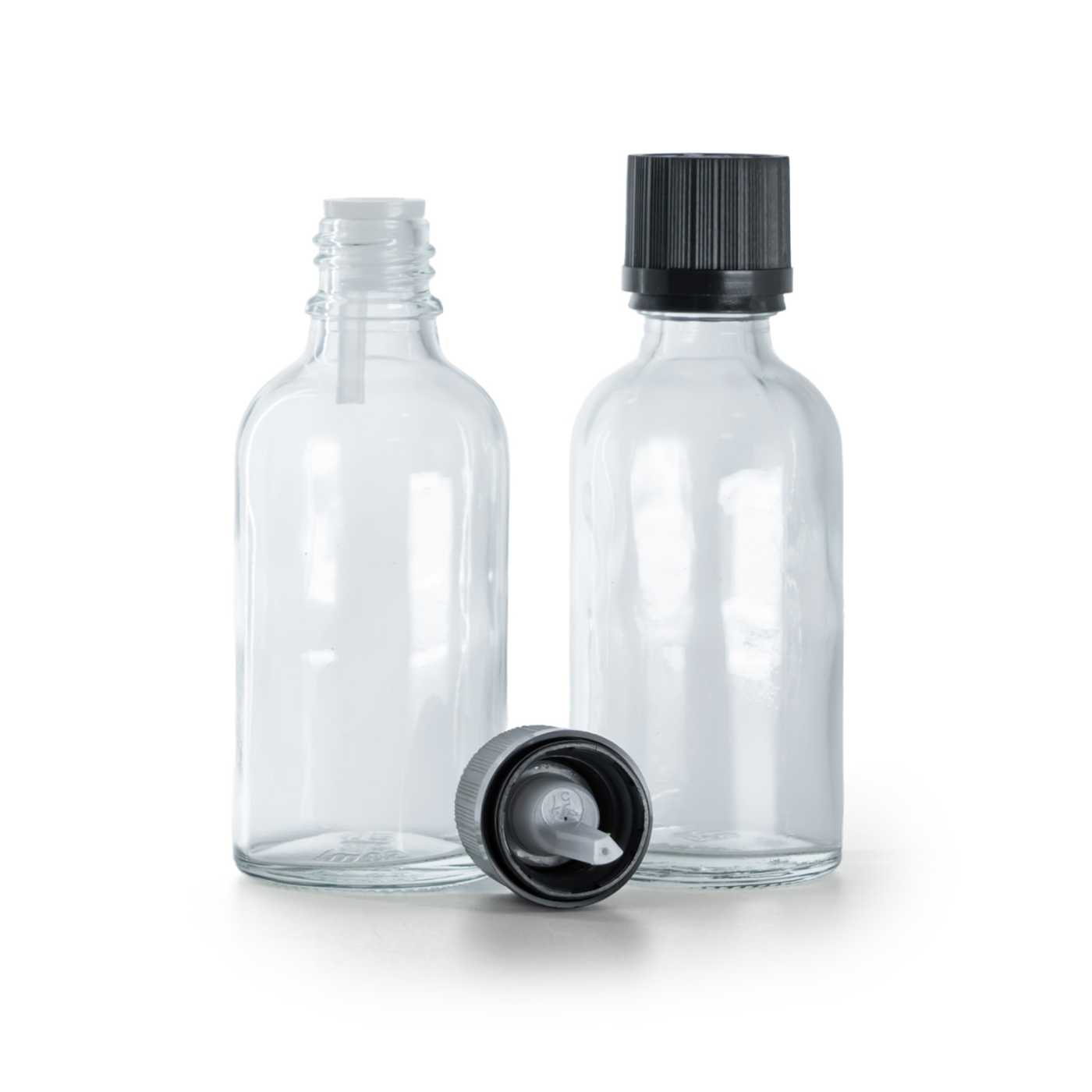 Flacon en verre transparent, bouchon noir sécurité avec compte-gouttes, 30 ml