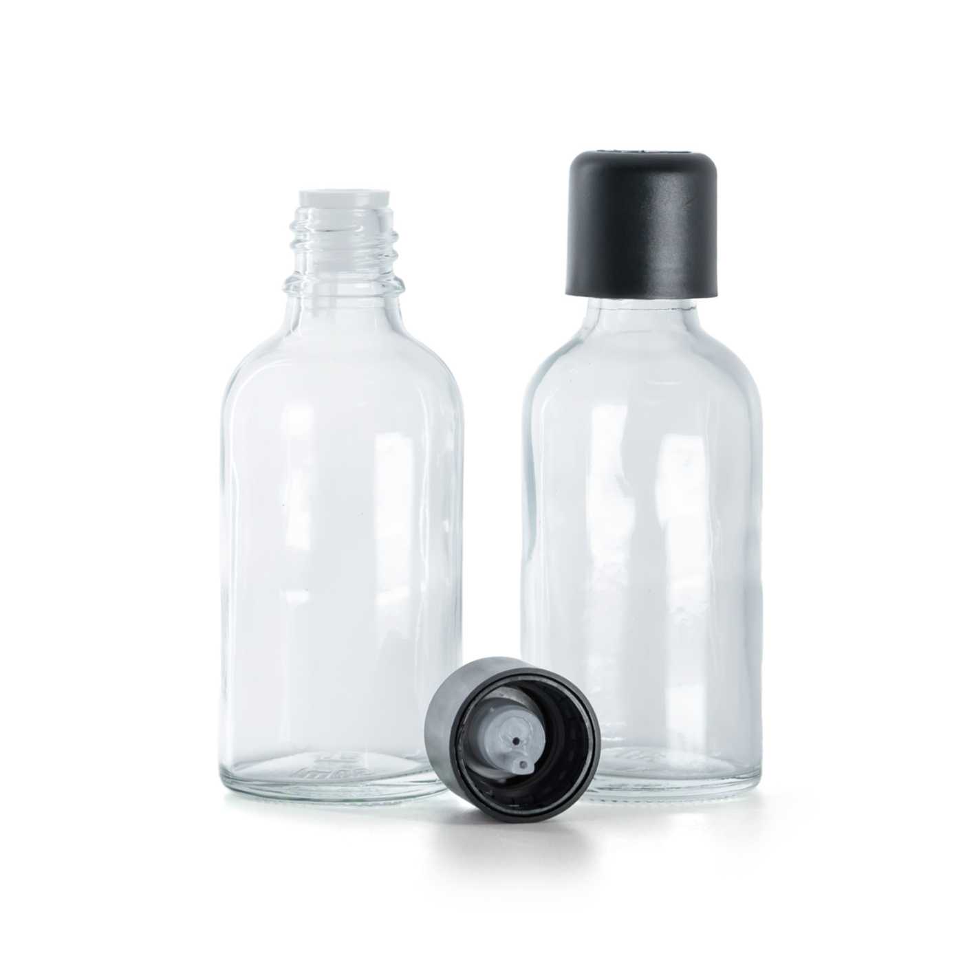 Flacon compte-gouttes en verre transparent avec bouchon inviolable noir 30 ml