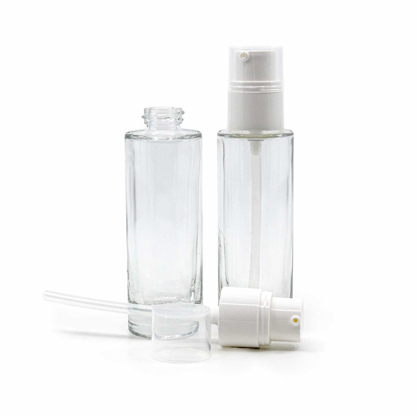 Flacon en verre transparent, Pompe blanche, 30 ml