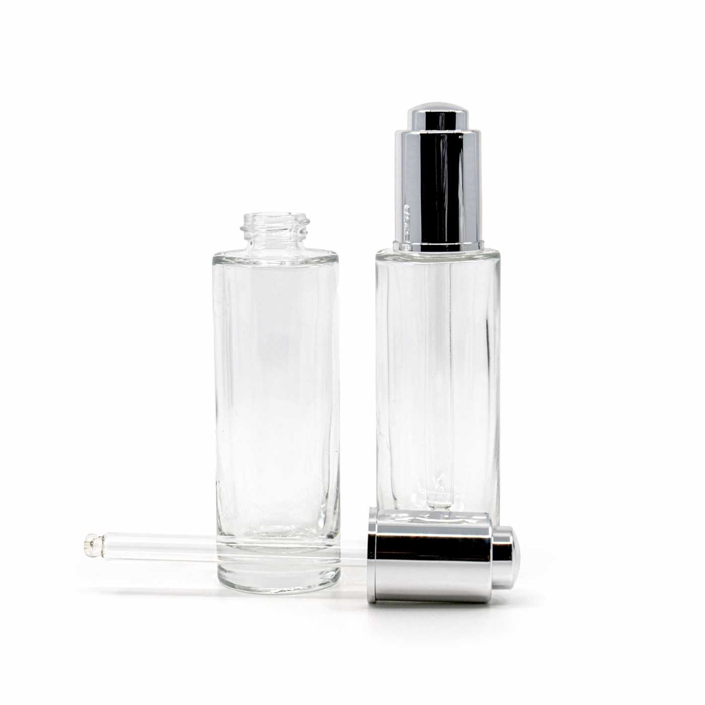 Flacon en verre transparent haut avec compte-gouttes argenté, 30 ml
