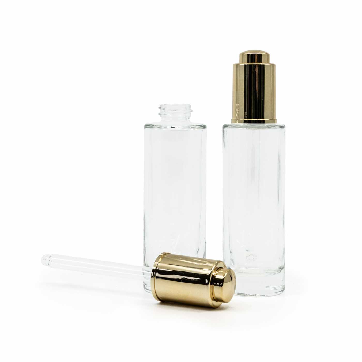 Flacon en verre transparent haut avec compte-gouttes doré 30 ml