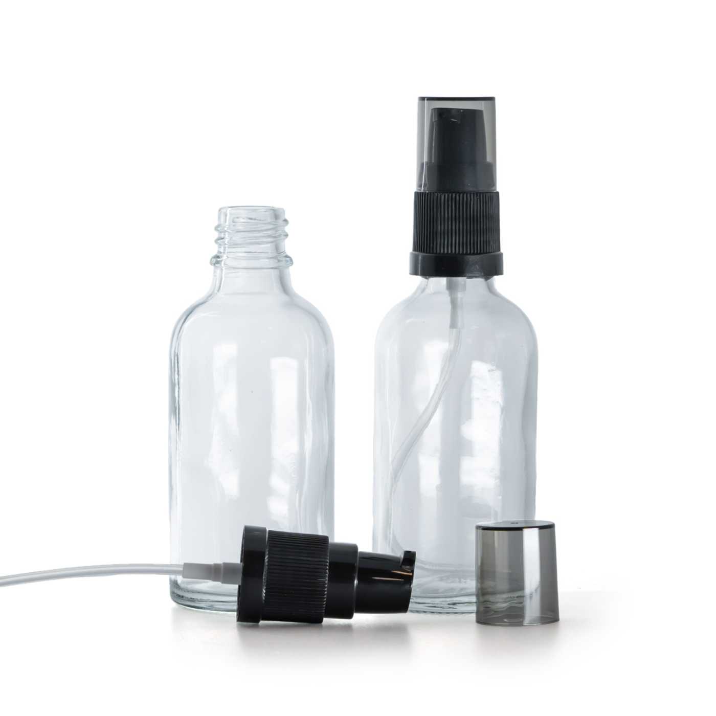 Flacon en verre transparent, distributeur de crème avec surcapuchon fumé, 50 ml