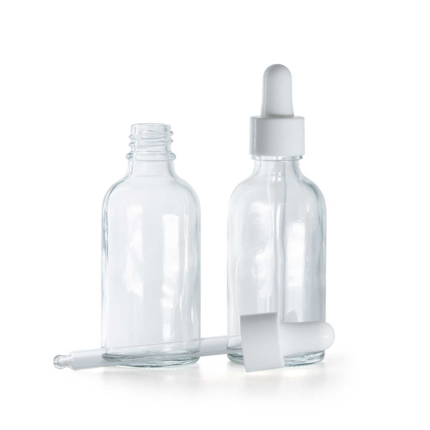 Butelka szklana, przezroczysta, biały błyszczący kroplomierz, 50 ml