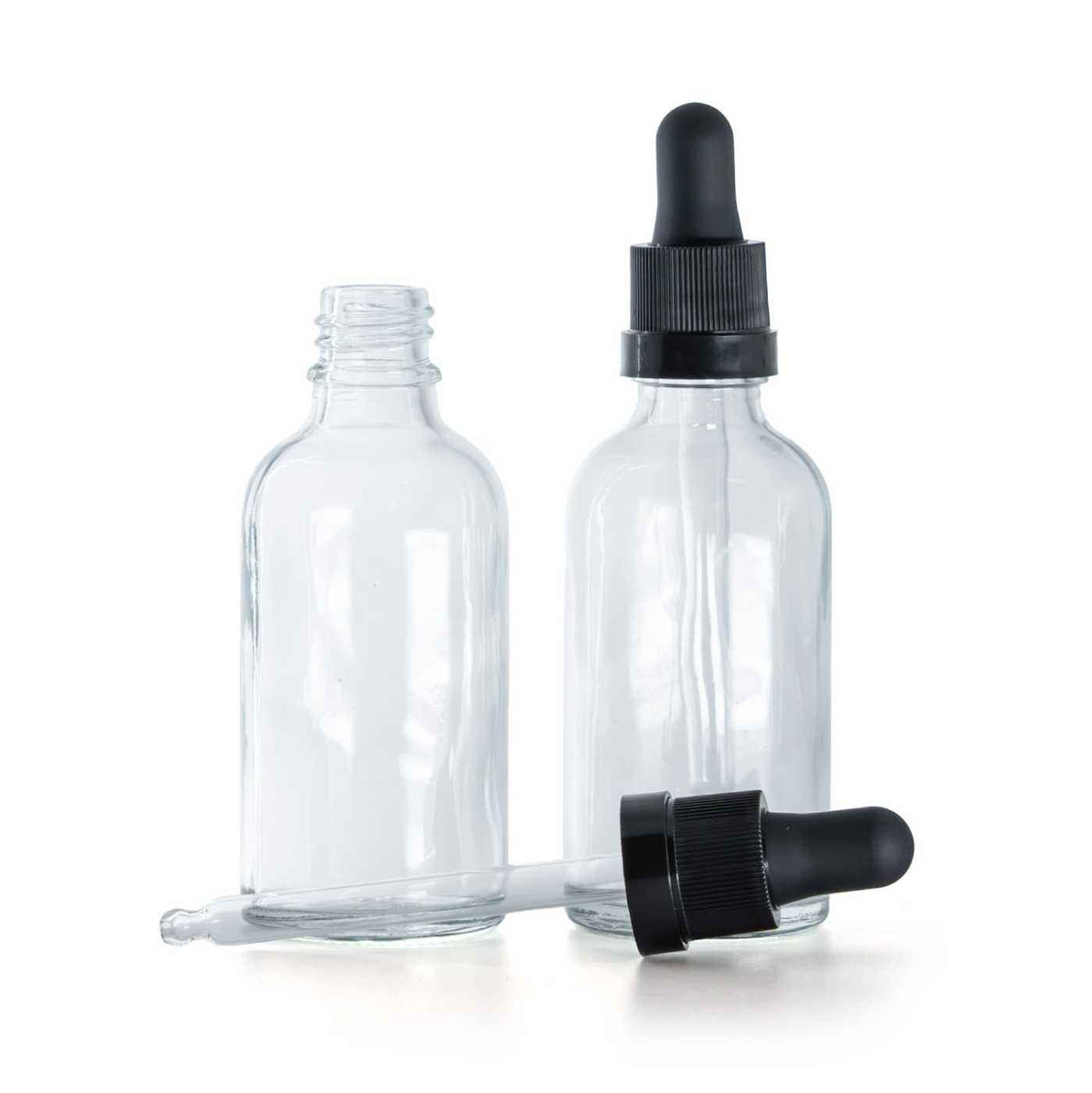 Butelka szklana, przezroczysta, czarny kroplomierz z błyszczącym paskiem, 50 ml