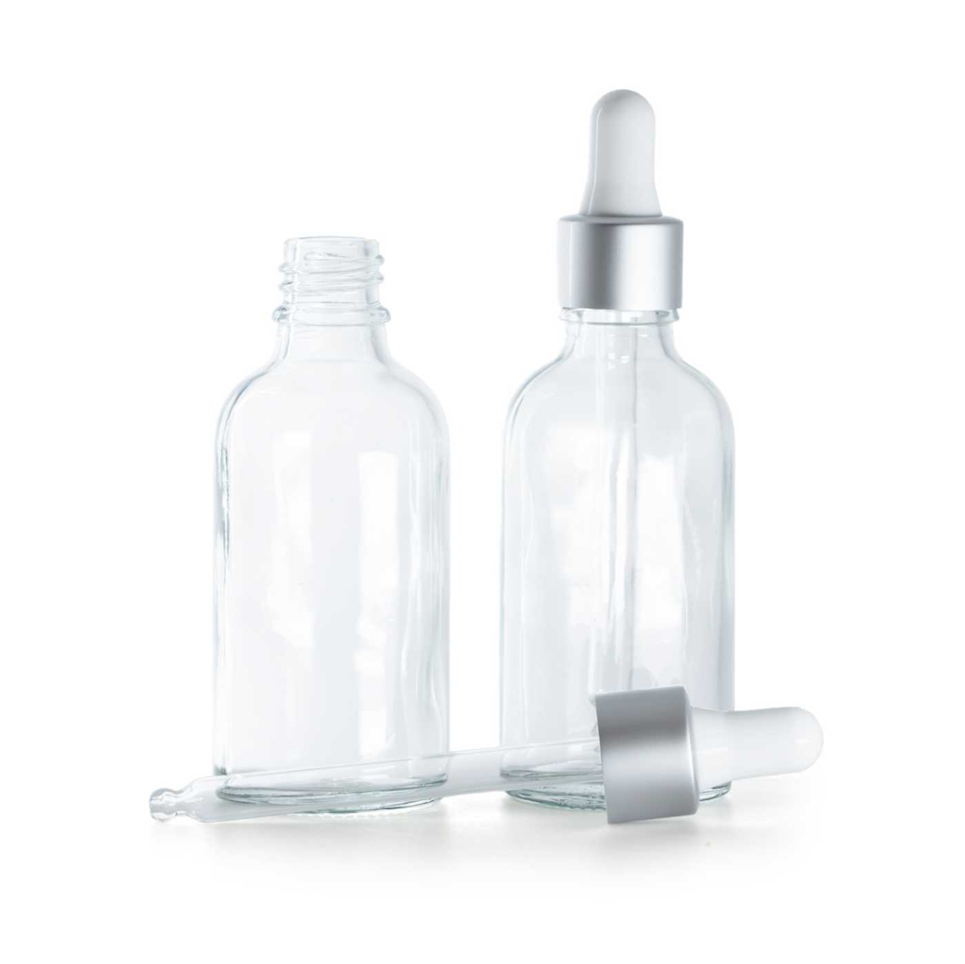 Flacon en verre transparent, compte-gouttes argent mat, 50 ml