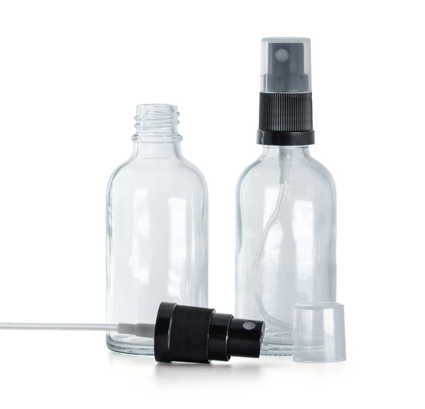 Szklana butelka apteczna, przezroczysta, czarny atomizer, 50 ml