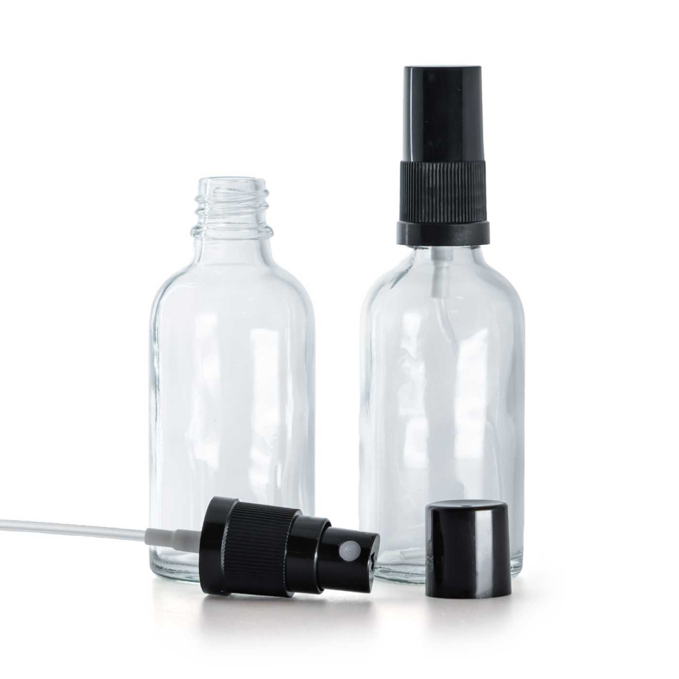 Butelka szklana, przezroczysta, czarny atomizer, czarny kapturek, 50 ml