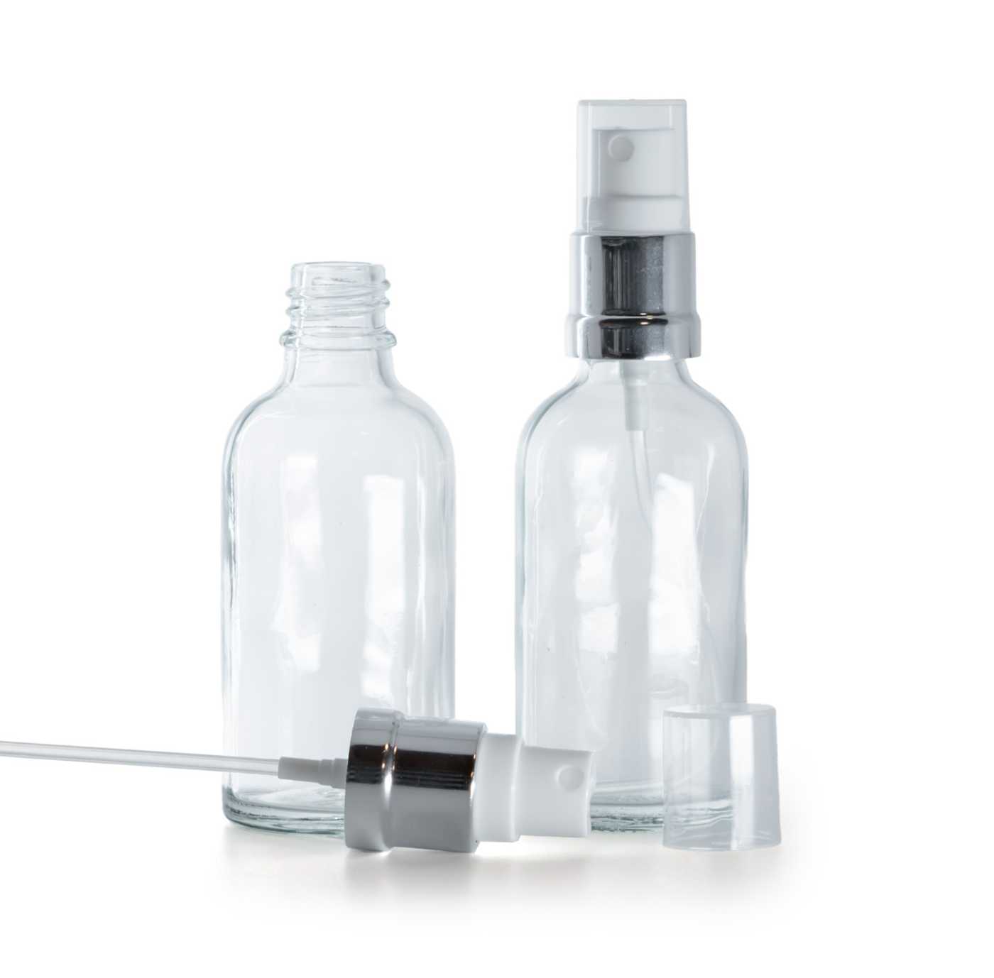 Butelka szklana, przezroczysta, biało-srebrny atomizer, 50 ml