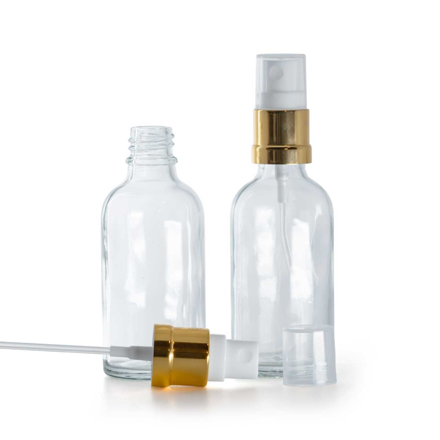 Butelka szklana, przezroczysta, biało-złoty atomizer, 50 ml