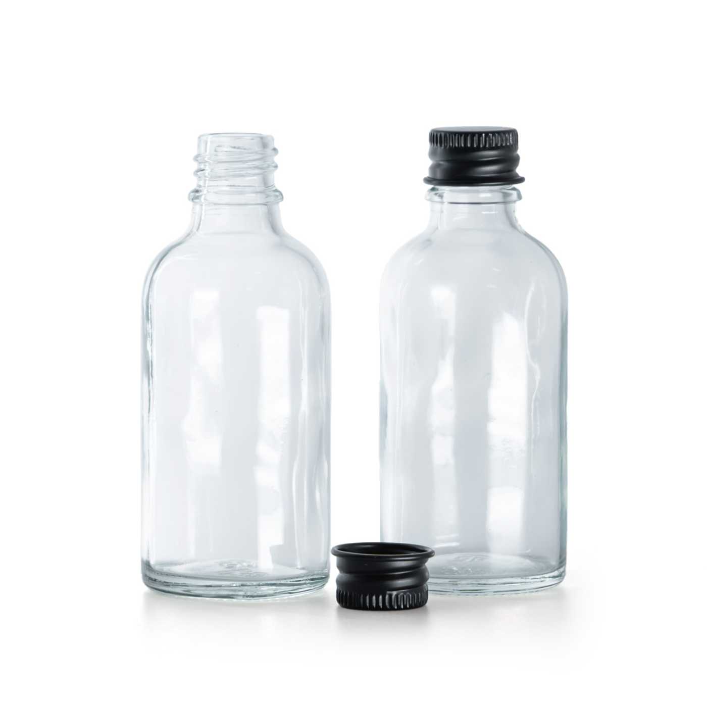 Butelka szklana, przezroczysta, czarna nakrętka aluminiowa, 50 ml