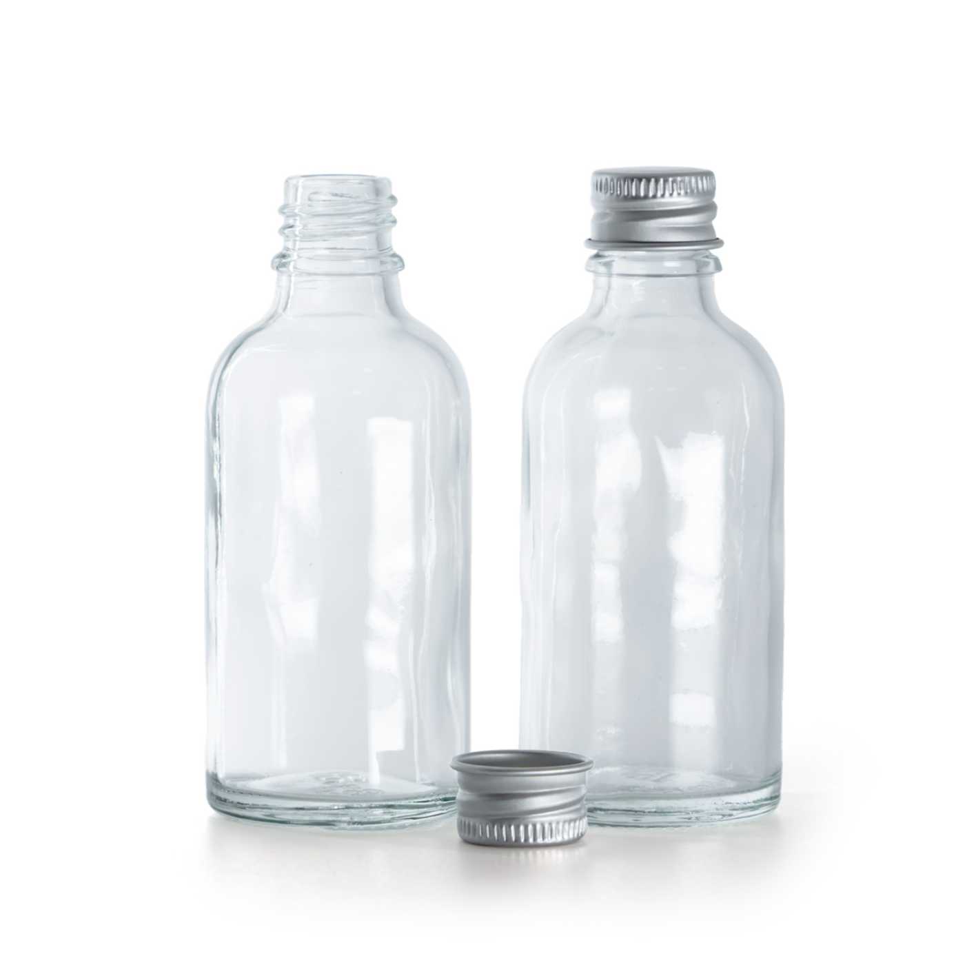 Butelka szklana przezroczysta, srebrna nakrętka aluminiowa, 50 ml