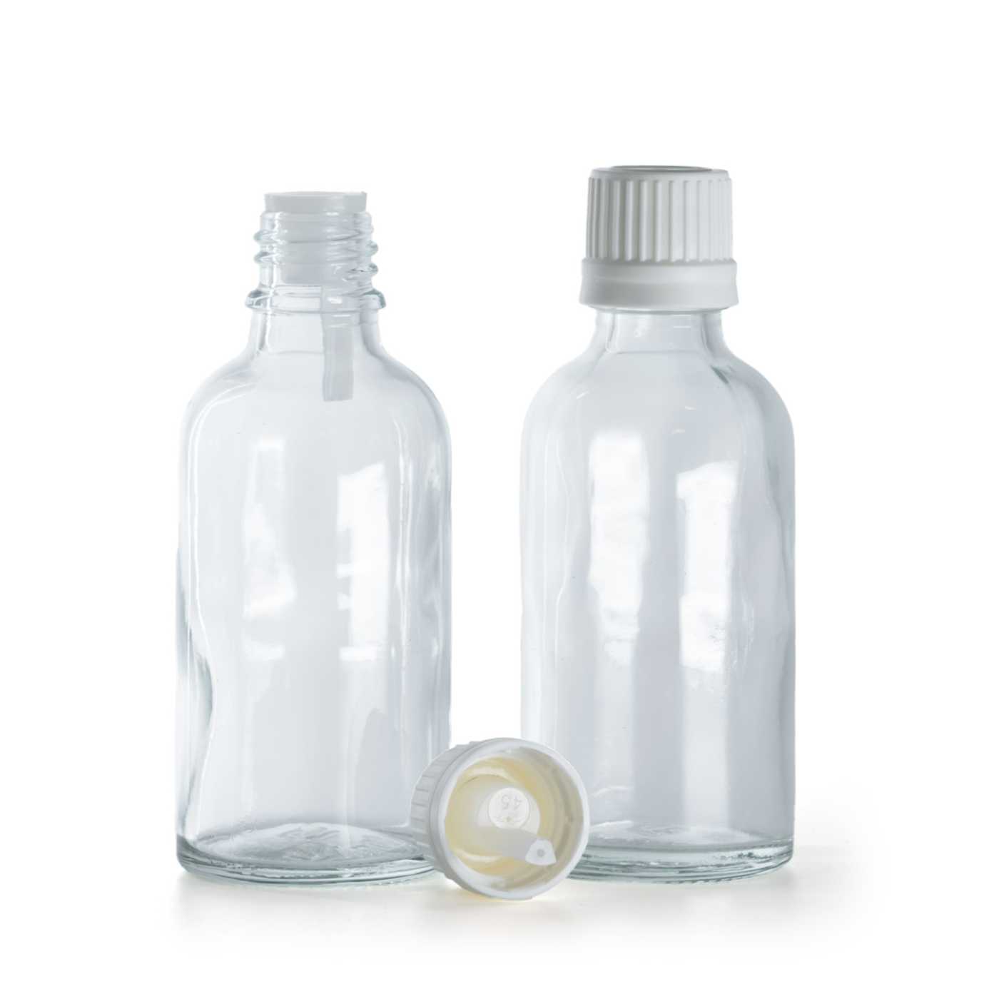Butelka szklana, przezroczysta, biała nakrętka z kroplomierzem, 50 ml